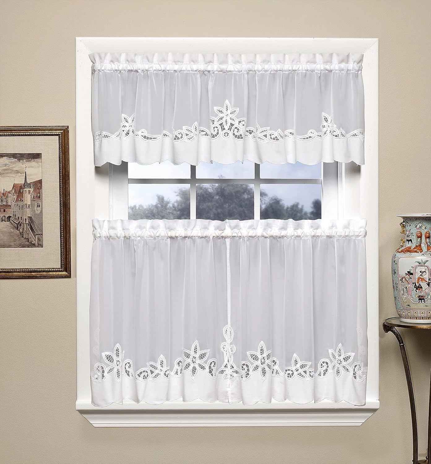 Today's Curtain Plymouth Classic Battenburg Applique Sheer Window Panel, 63-Inch, White