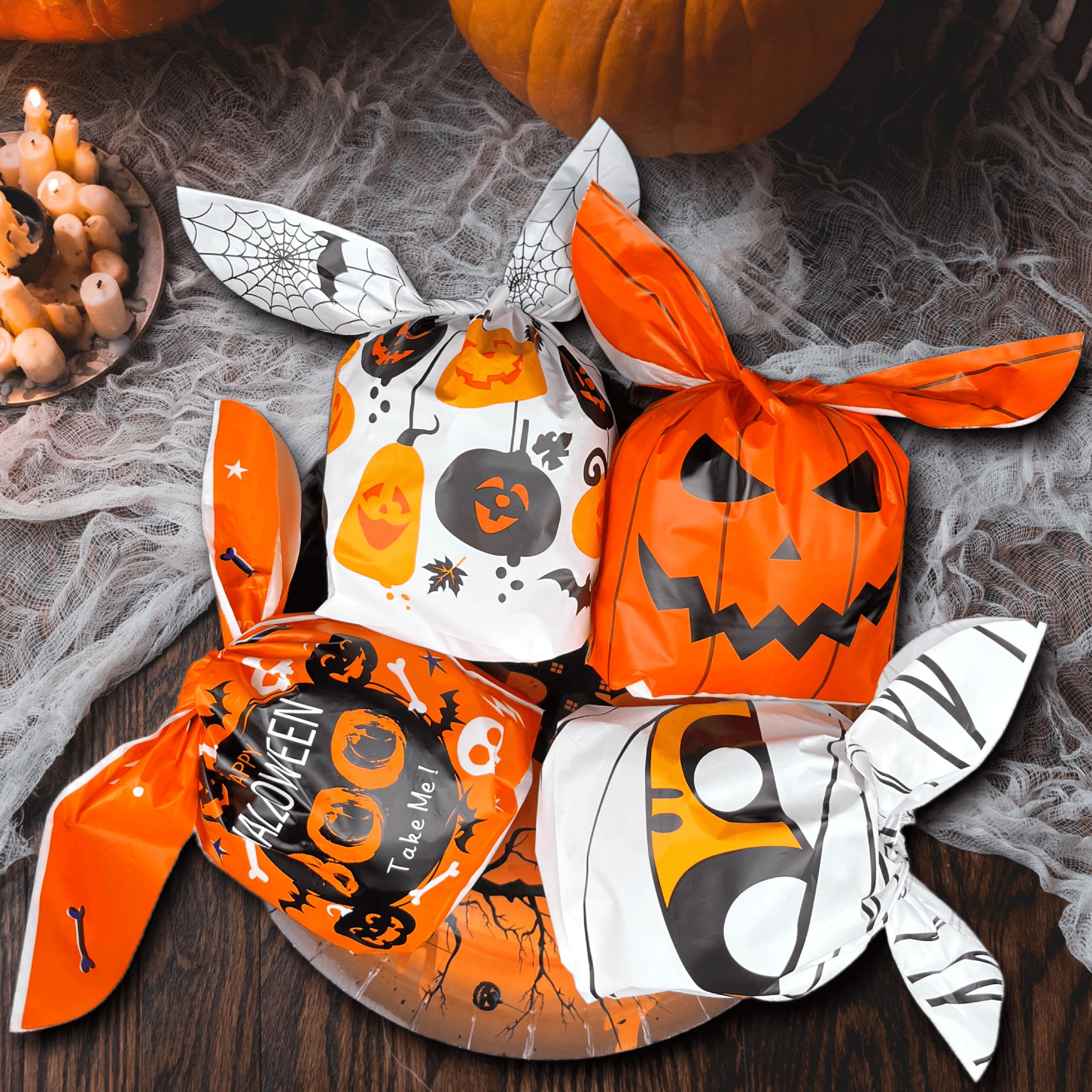 50 Stück Halloween Süßigkeitentüten Mit Kordelzug – Geister-Motiv, 15x15 Cm, Aus Kunststoff