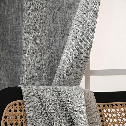 Miniatura 6 de INLINAS Cortinas opacas de lino con textura de nudos de bambú, 100% bloqueo de luz, reducción de ruido, tela de triple capa con pestaña trasera y