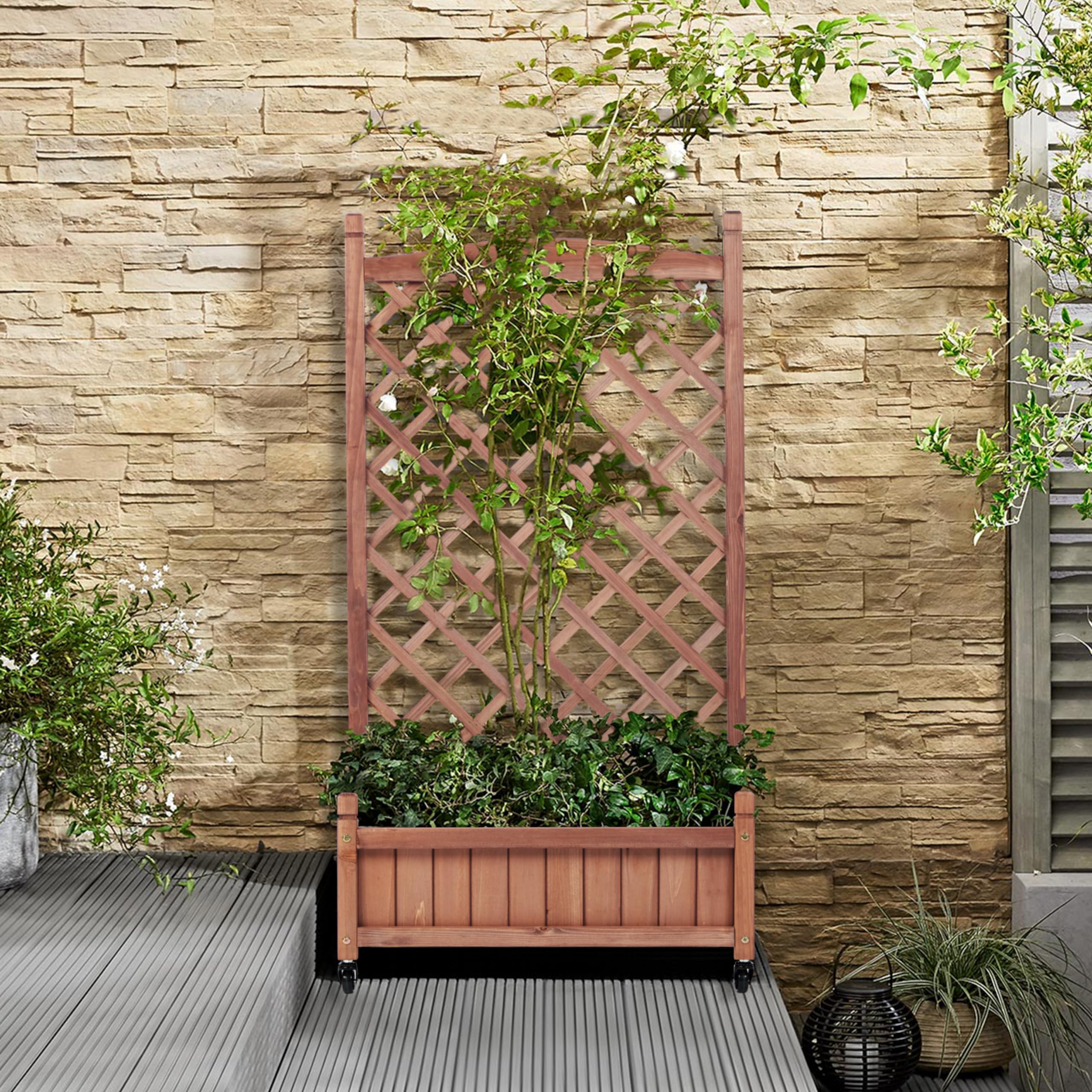 Raised Garden Bed with Trellies 2 Pack, Outdoor Wooden Planter Box for Climbing Plants, Vegetables Herb Growing