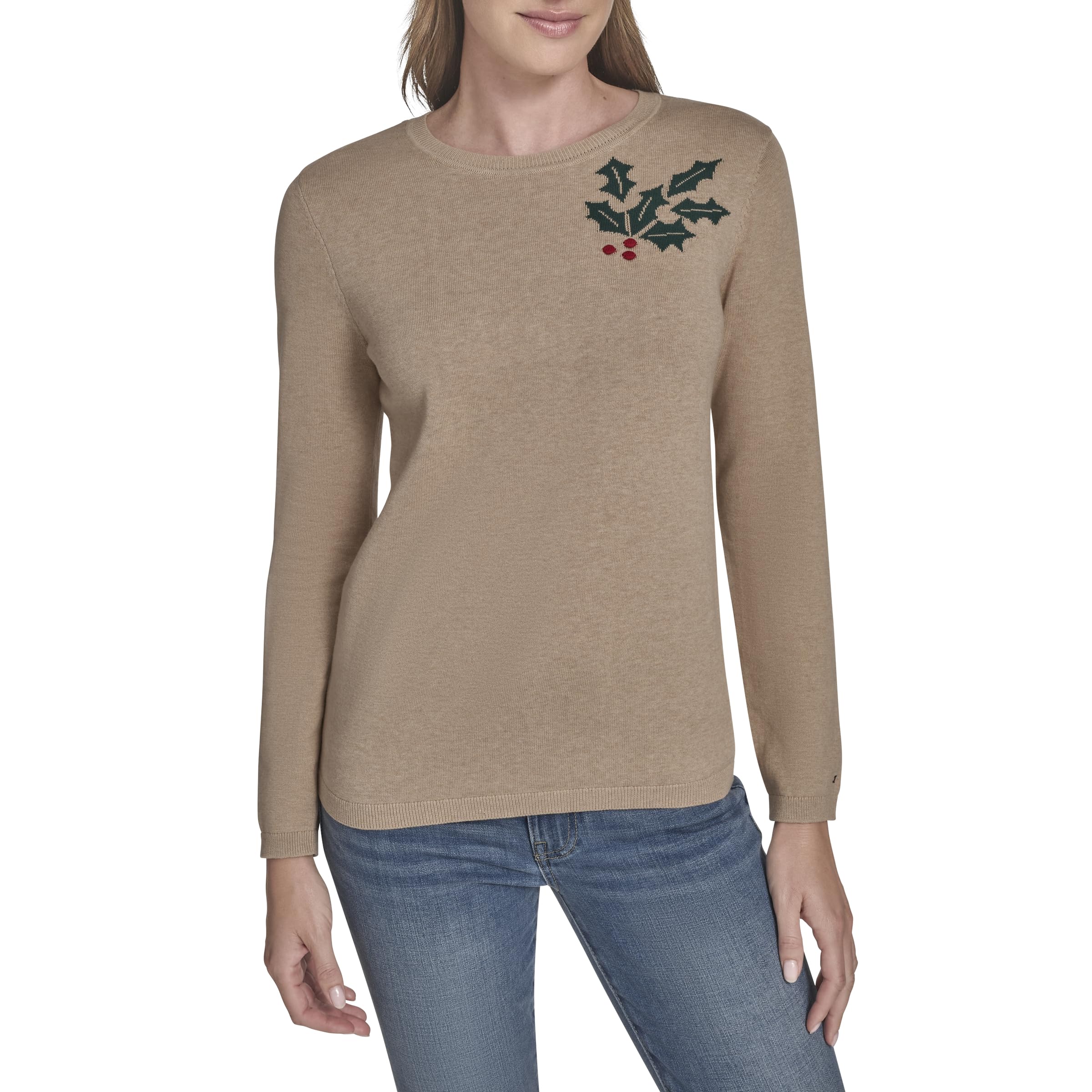 Tommy Hilfiger Women's Pullover Crewneck Everyday Sweater, Light Heather Fawn, XS