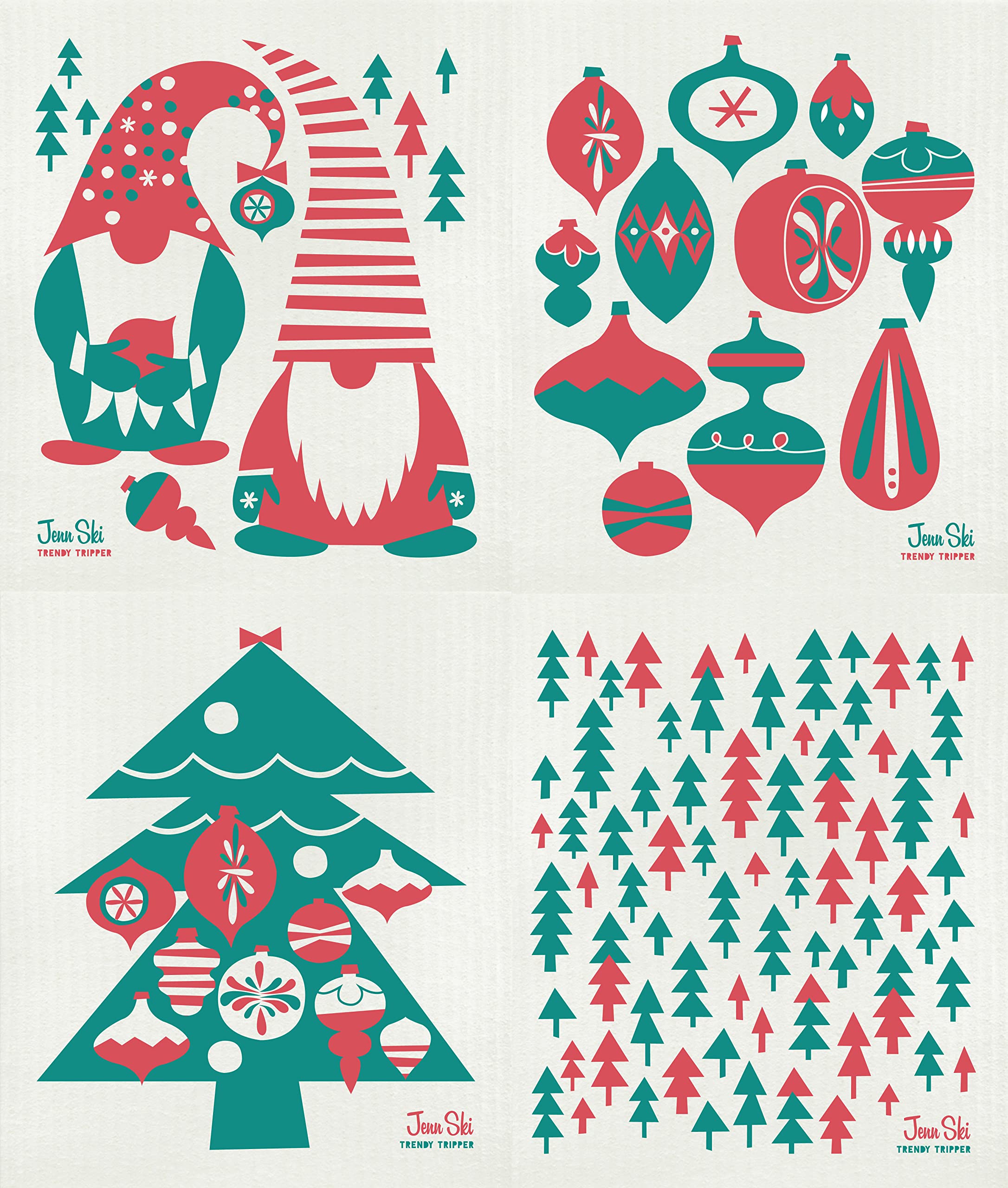 Trendy TripperTrendy Tripper Earth-Friendly Reusable Compostable Eco Sponge Cloth | AKA Swedish Dishcloth | Artist Jenn Ski Christmas Holiday Designs 2-Packs (4-Pk Red/Green: Gnome, Tree, Ornaments + Forest, 4)