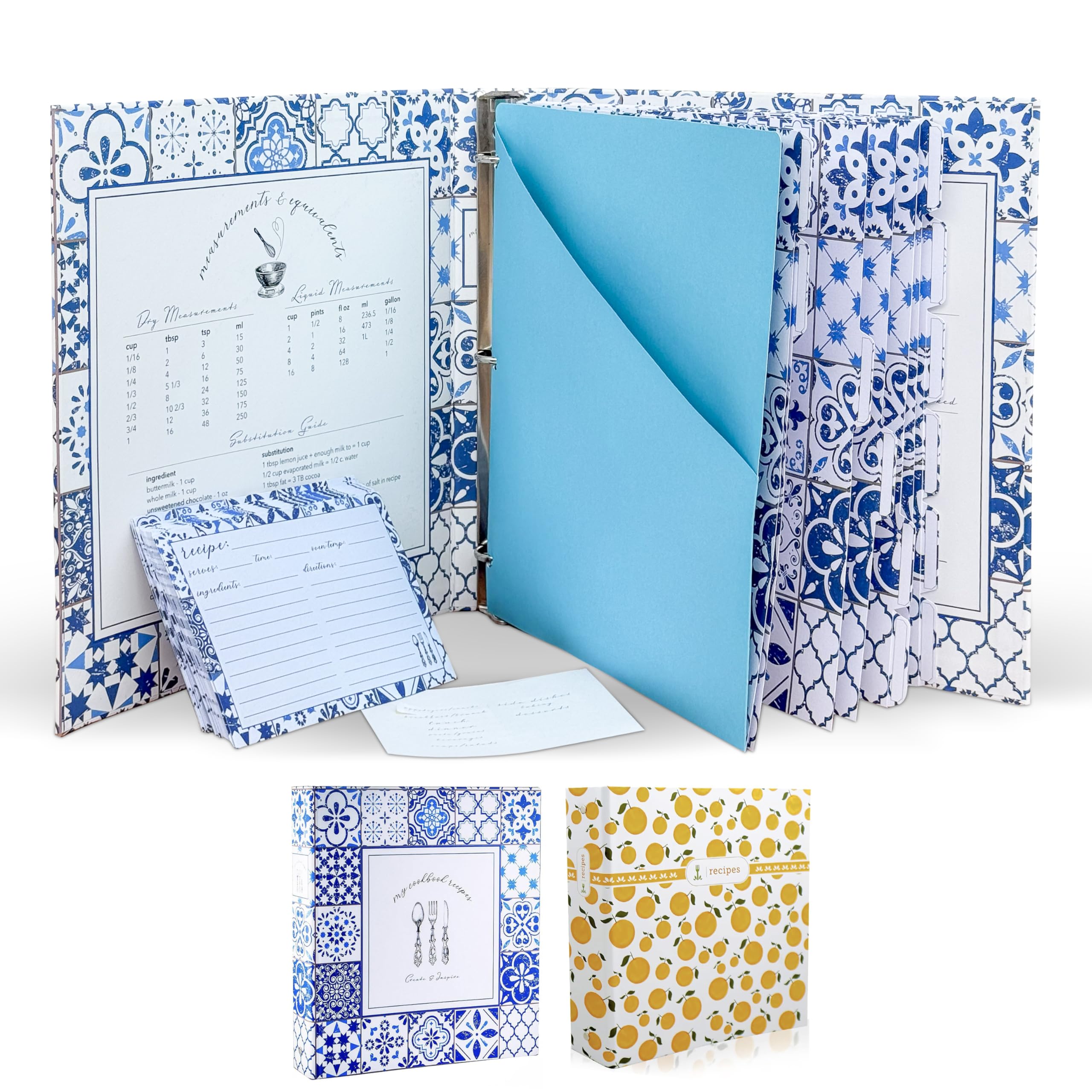 Amazon.com: Cookbook Recipe Binder/Organizer, Blue Pattern 3-Ring, 1-Inch  Binder to Hold All Your Recipes and Recipe Cards, 6 Tabbed Divider  Sections, 50 Matching Recipe Cards Included : Home & Kitchen