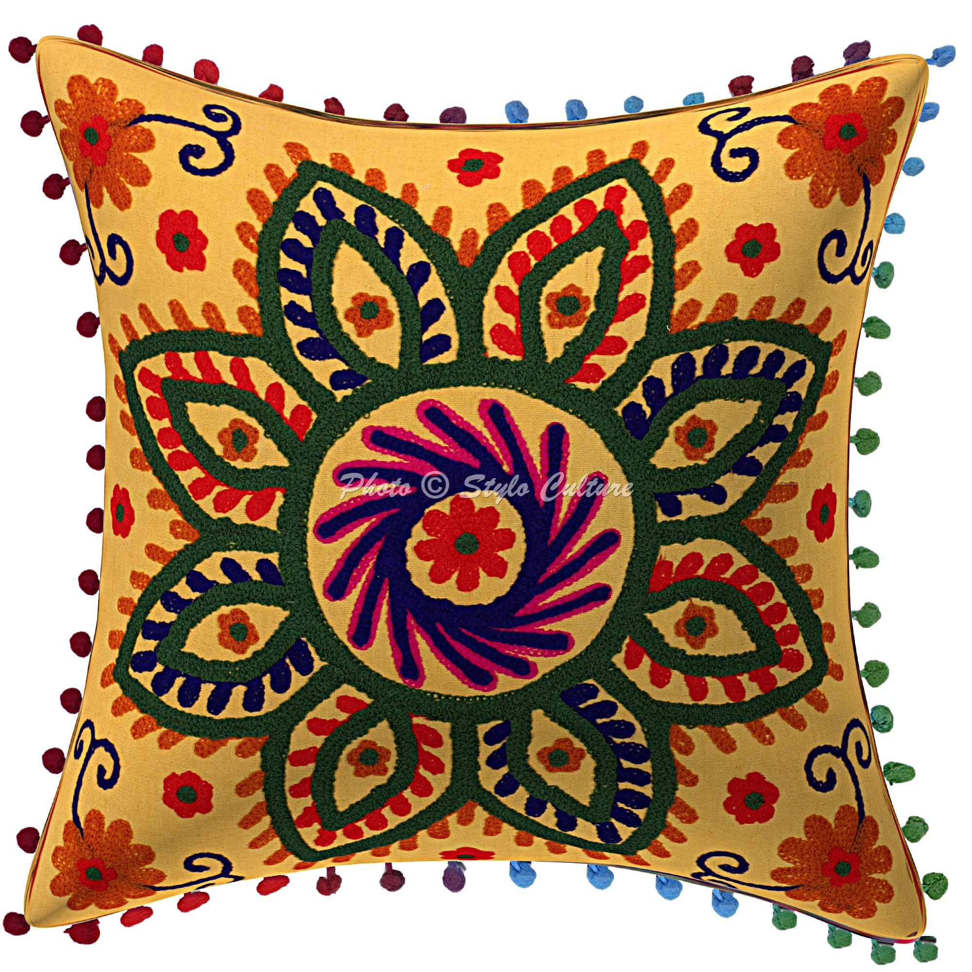 Indische Dekorativ Baumwolle Couch Kissenbezüge 40x40 cm Mangogelb Dekokissen Suzani Bestickte Pom-Pom-Spitze Schlafzimmer Sofa Kissen Bezüge Blumen Quadrat Kissenhullen - 4 STK.