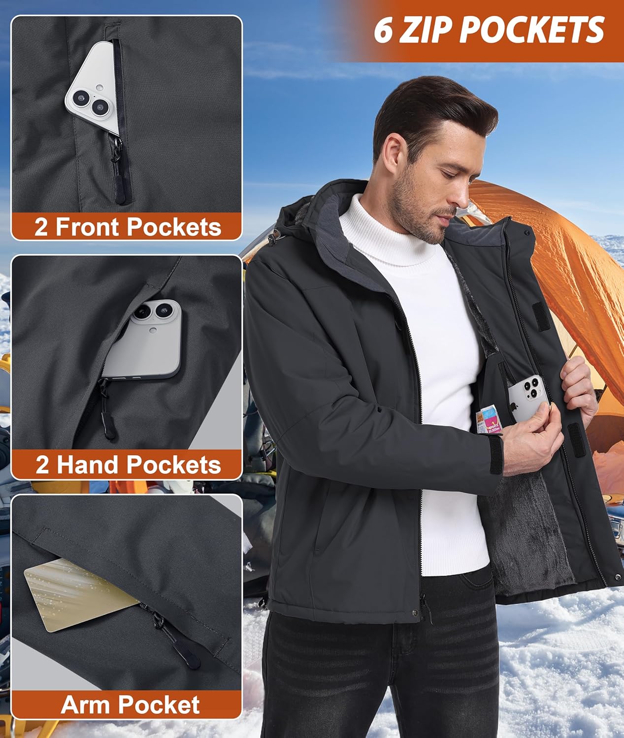 Mens Winter Snow Jacket Waterproof Ski Jackets Snowboard Rain Warm Coat Insulated Hood Fleece Lined - Image 4