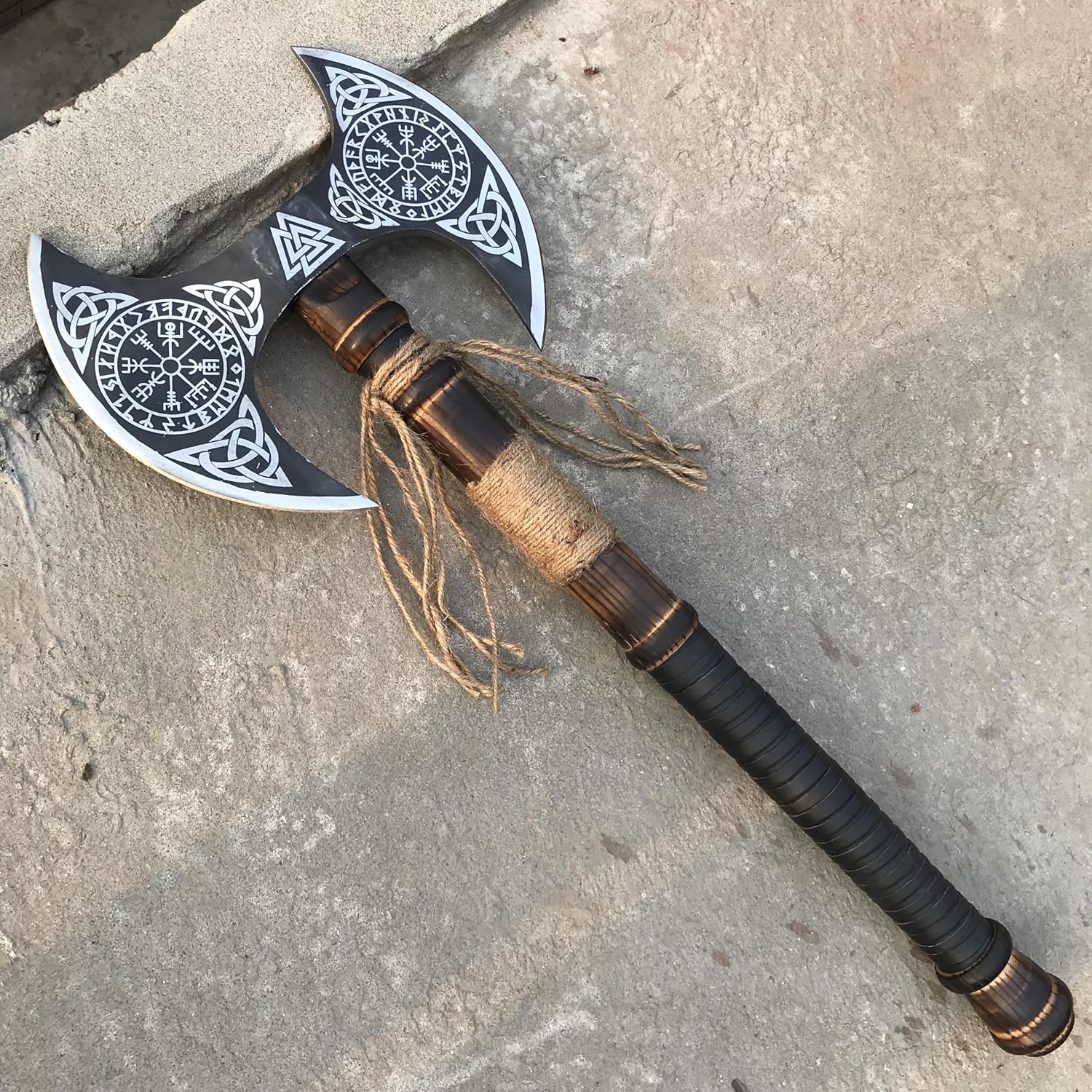 Axes,Functional Axe, Bushcraft Axe Hatchet for Hunting Bearded Axe Double Head Axe Tool with Free Leather Sheath dd007 Black/Sliver (Viking Double Bit Axe)
