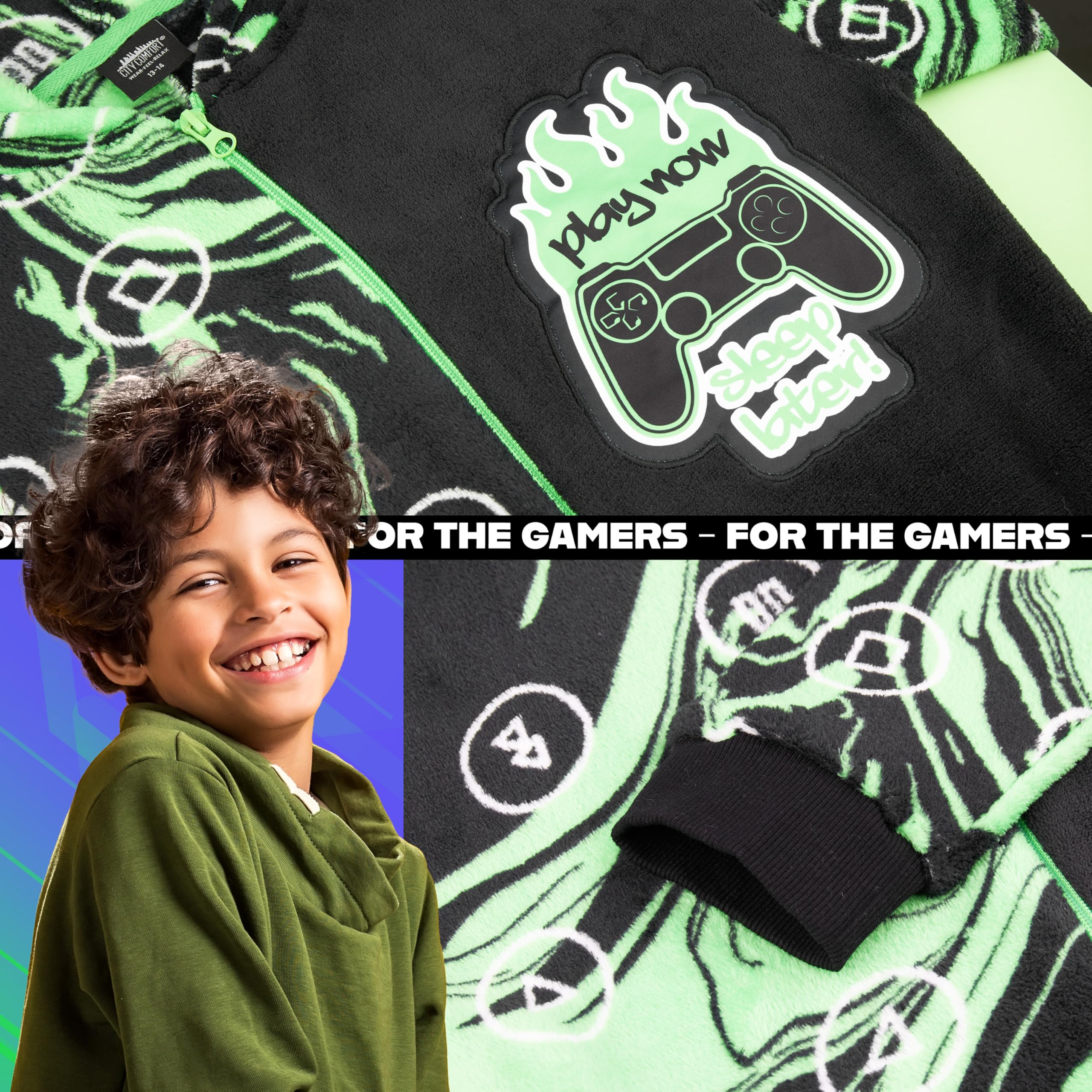 Get Trend Grenouillère Polaire Garçon et Ado, Pyjama Chaud à Capuche, Tenue Cocooning Football ou Gaming, Idée Cadeau