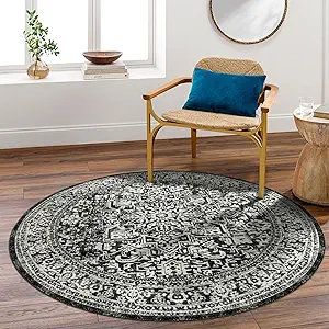 vivorug Round Rug 5ft Vintage-Inspired Round Area Rug Non-Slip Indoor Carpet for Living Room Bedroom Entryway, Stain Resistant Home Decor Circle Rug, Black and White