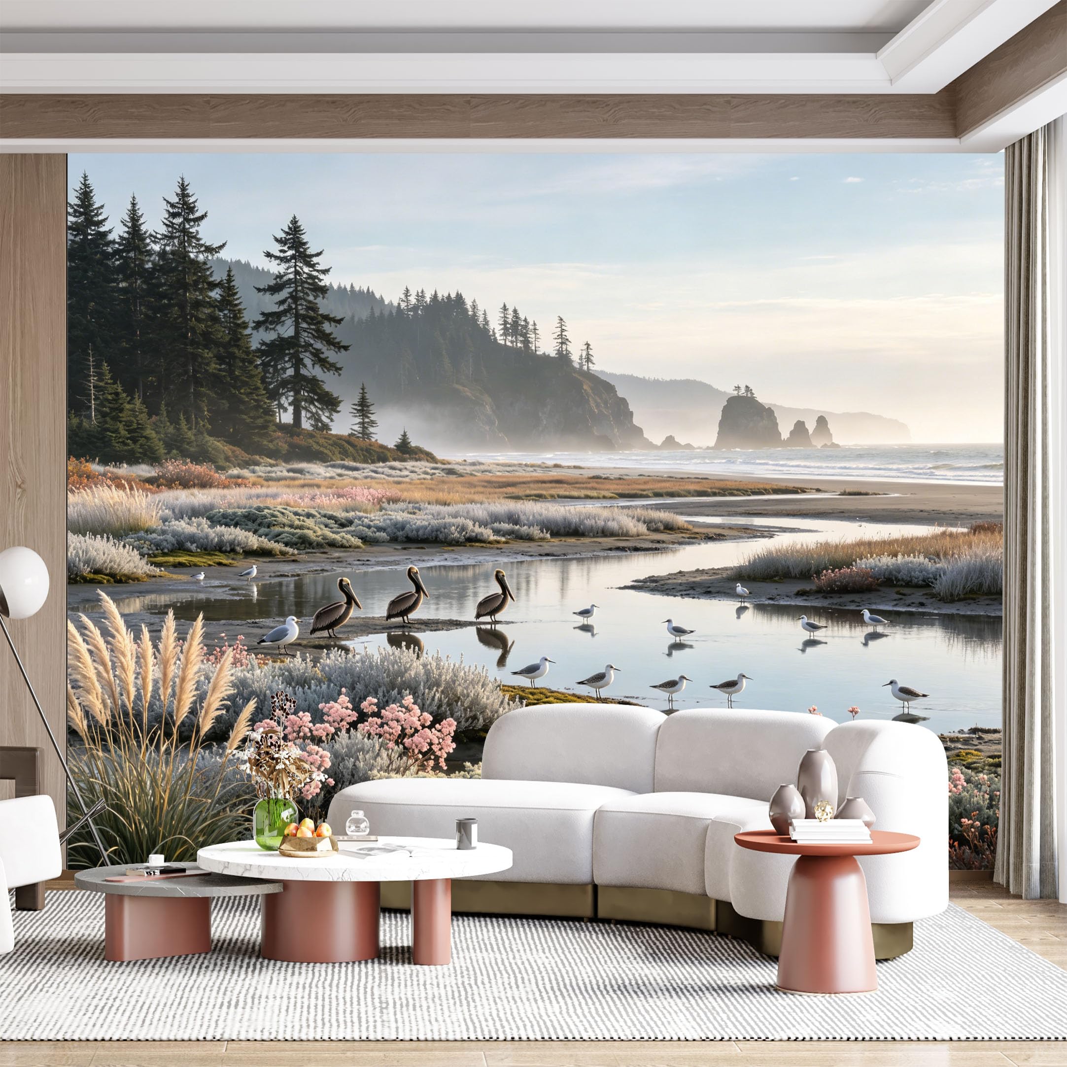 Custom Size Wall Mural Coastal Ocean Marine Seascape Wildlife Birds Pelican Seagull Wetland Landscape SelfAdhesive Wall Fabric Removable for Home Office Decor