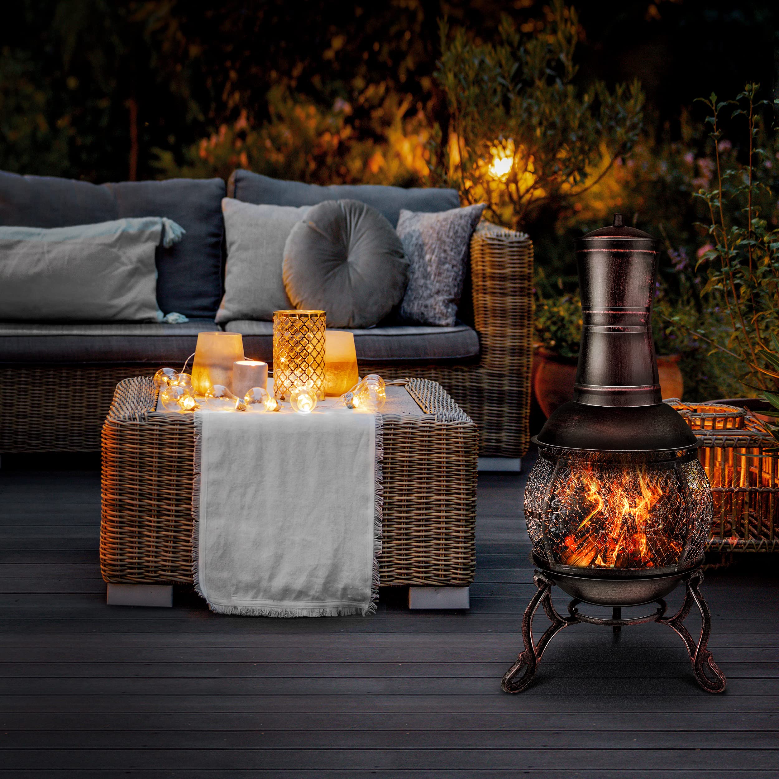 tillvex Cheminée de terrasse extérieure avec Grill | Brasero Mexicain avec Pare-étincelles | Chauffage de Jardin avec Housse | Poêle à Bois | Tisonnier + Grille, BBQ + Accessoires XXL