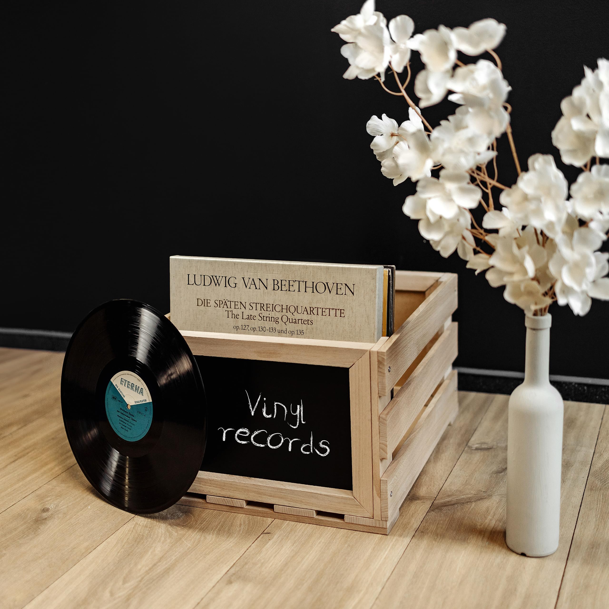 Creative Deco Porta Vinili con Lavagna, 46 x 36 x 29 cm | In legno di faggio, con lavagna, capacità fino a 80 dischi, contenitore da terra per vinili