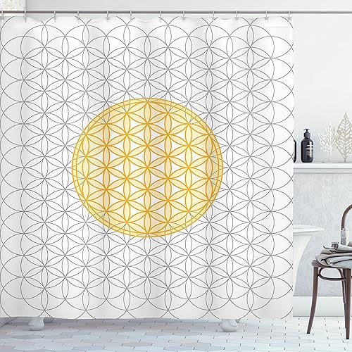Ambesonne Cortina de ducha geométrica, diseño de círculos entrelazados del tiempo y el espacio, forma de mito de geometría natural, juego de