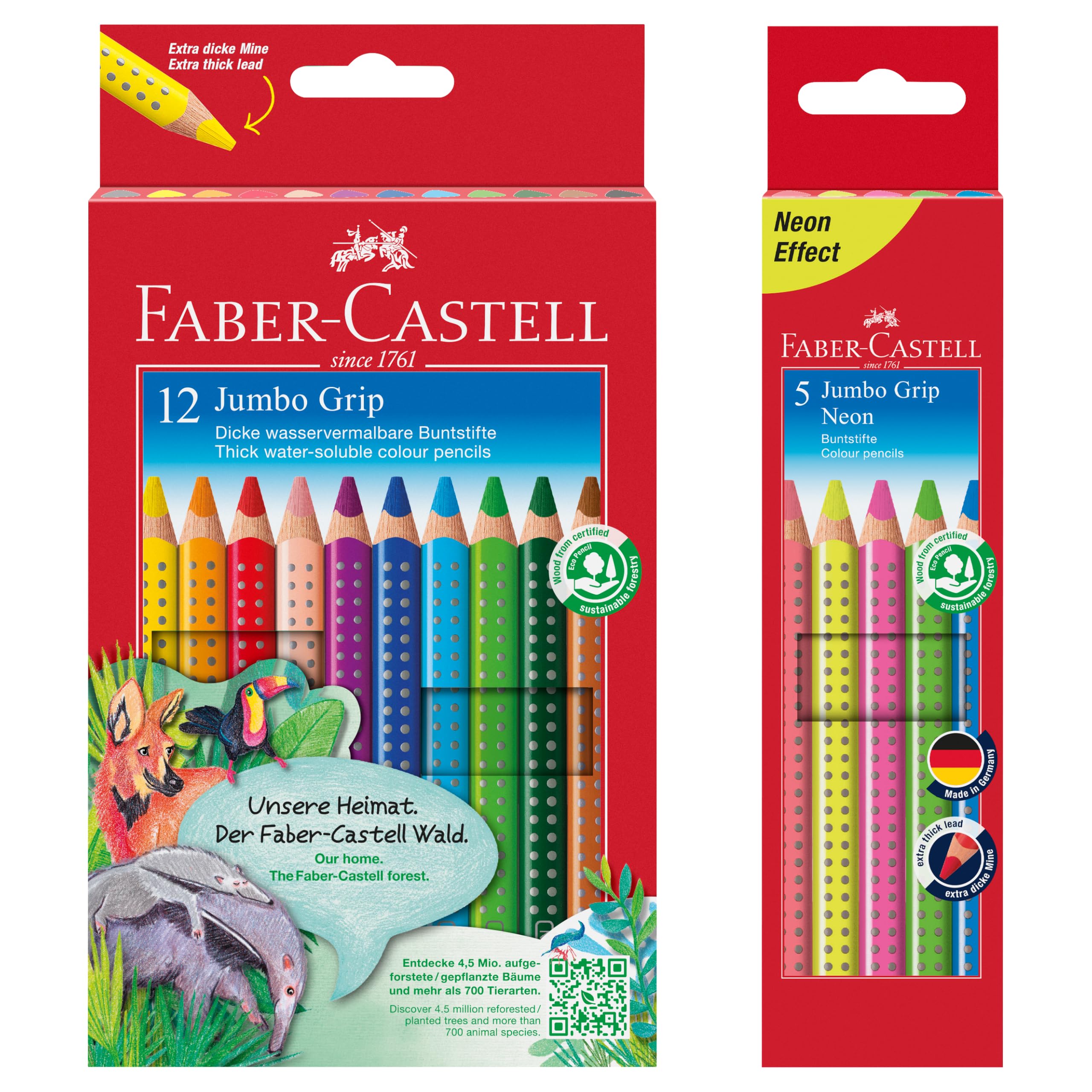 Faber-Castell 110912 Jumbo Grip Buntstifte für Kinder, 12er-Jumbo-Buntstifte-Set, Malstifte mit Grip und dreieckigem Schaft, wasserlöslichen Pigmenten, leicht auswaschbar (5er Set Neon + 12er Set)