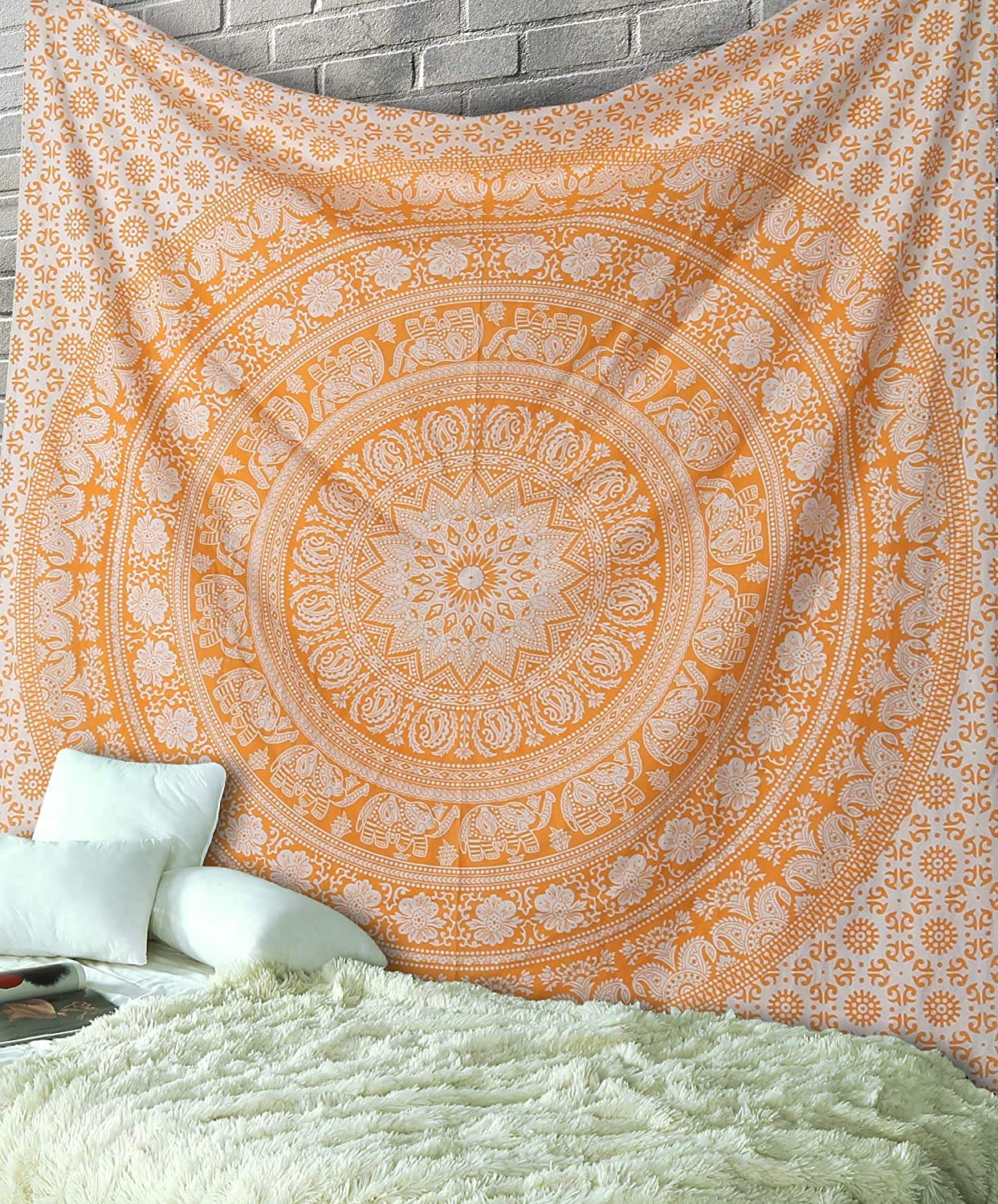 RAJRANG Grande Arazzo Mandala da Appendere Alla Parete per Camera da Letto Spiaggia Plaid Stampato Estetico Boho - Colore Arancione - 274x228 cm (Re) Arazzi in Cotone Elefante