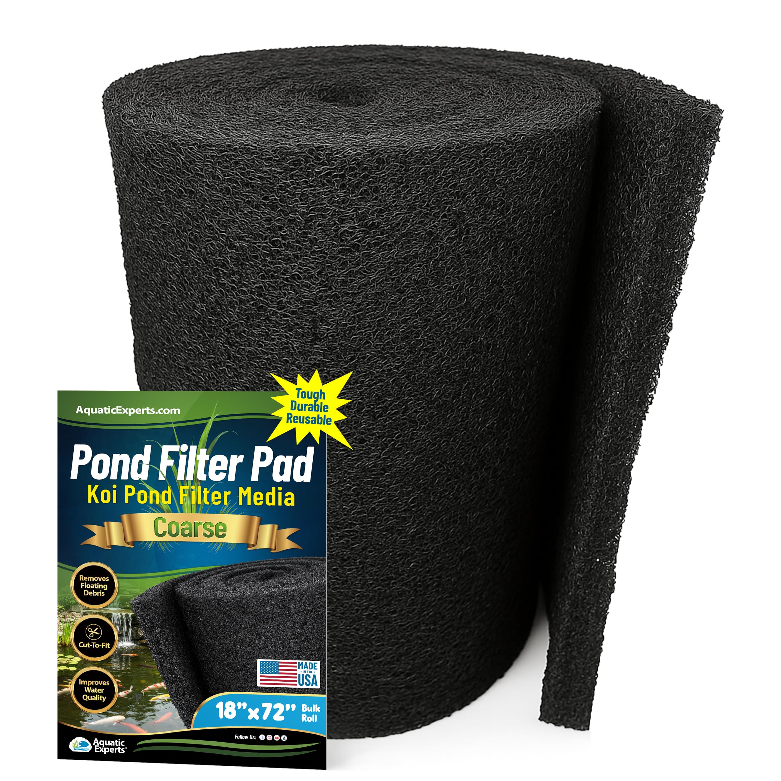 Aquatic Experts Classic Koi Pond Filter Pad COARSE – Bulk Roll Pond Filter Media, Rigid Ultra-Durable Latex Coated Fish Pond Filter Material US (18" x 72", Coarse (Black))