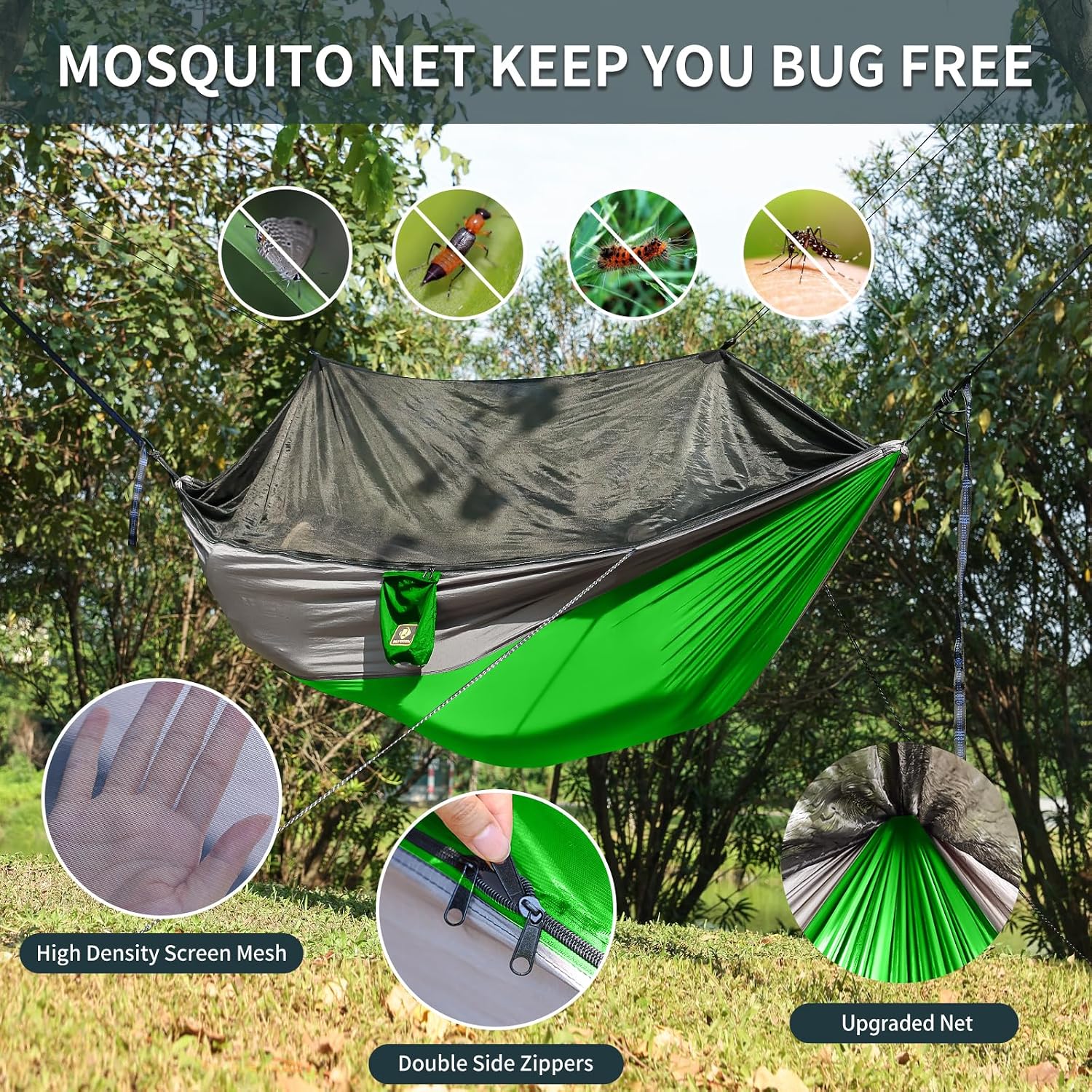 Qevooon Camping Hammock with Net,Portable Lightweight Double Hammocks with Tree Straps and Solid D-Shape Hanging Hooks,Parachute Nylon Hammock for Backpacking Beach Backyard Patio Hiking Green&Grey image 3