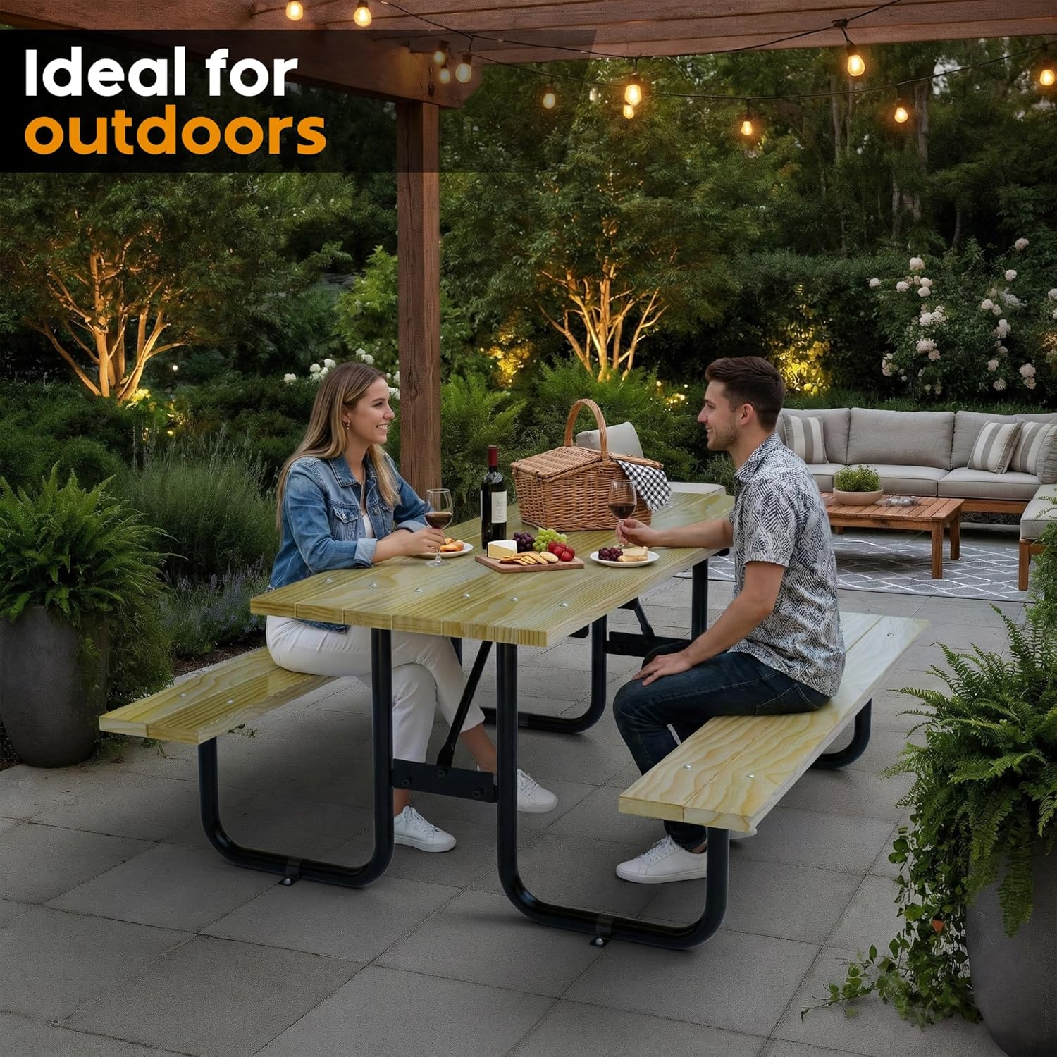 Commercial Wood Picnic Table with Metal Frame & 1.38" Thick Pine (Spruce Pine, 6' Rectangular)