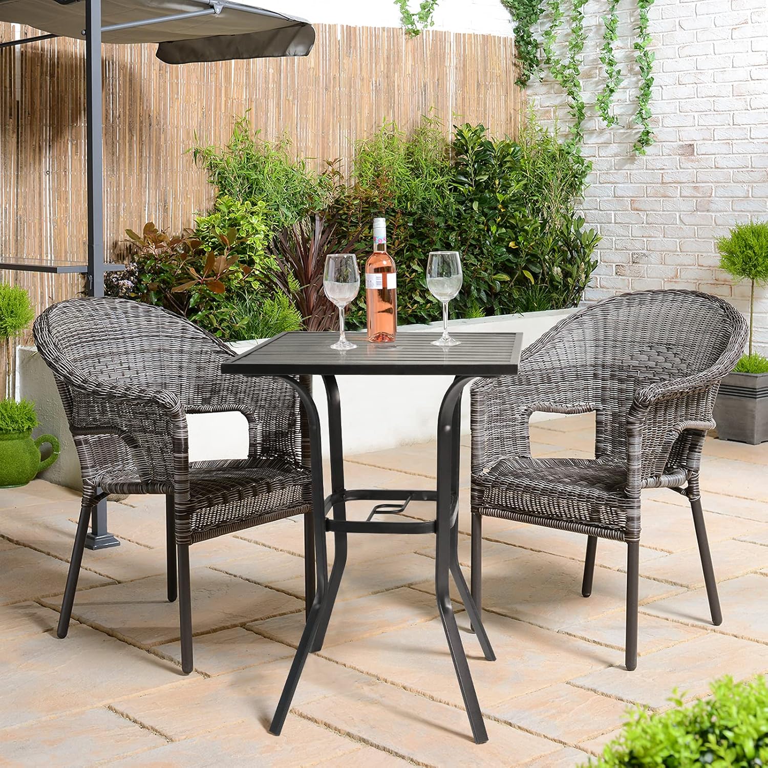 Crownland Patio Bar High 39” Table Metal Frame Outdoor Bar Bistro Table, Slatted Table Top with 1.57" Umbrella Hole, Classic Black