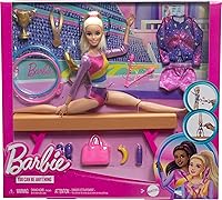 Vista 6 de Muñeca de gimnasia Barbie y accesorios, juego con muñeca rubia de moda, clip en C para acción de volteretas, barra de equilibrio, traje