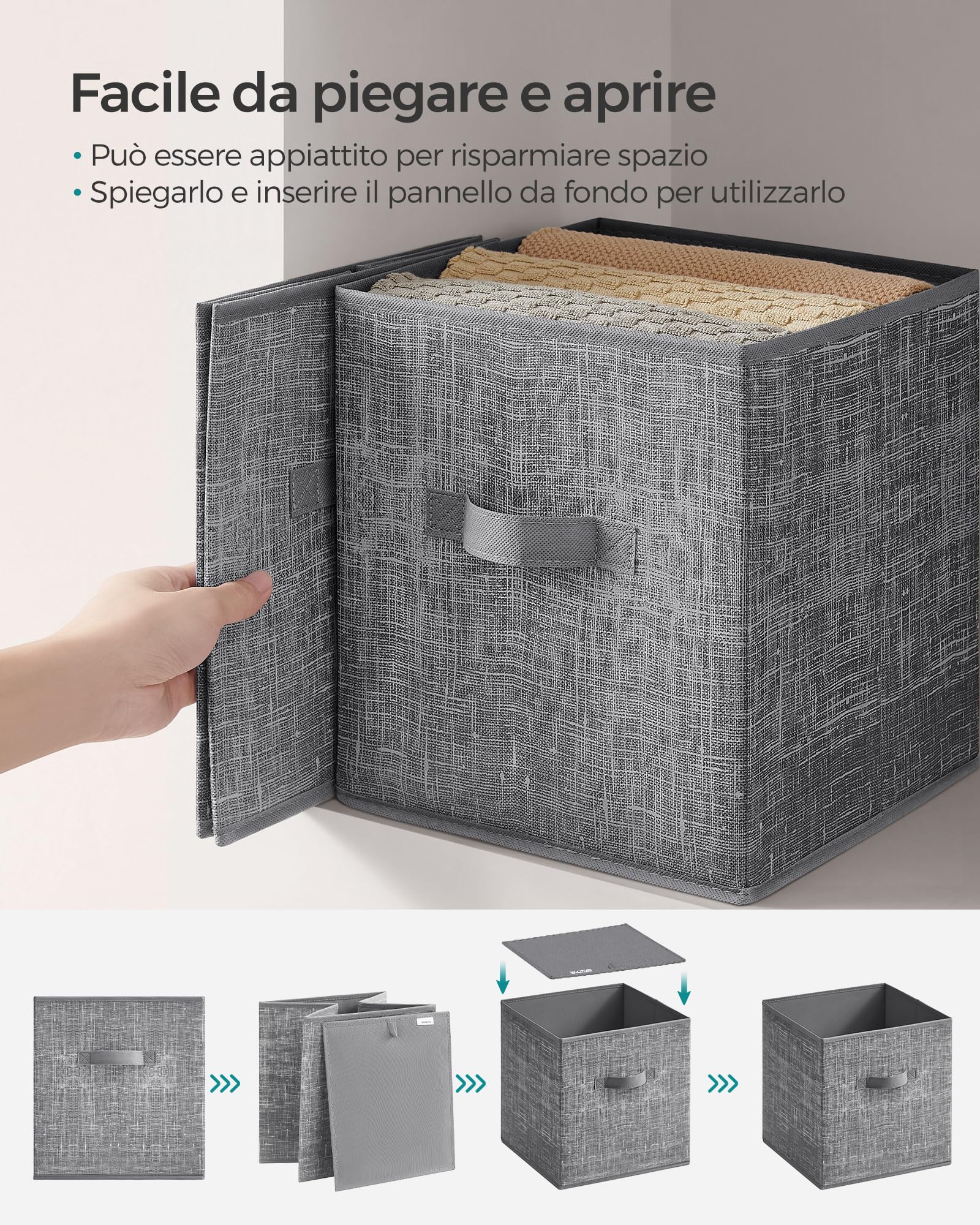 SONGMICS Scatole Portaoggetti, Set di 8 Contenitori da 28 cm in Tessuto Non Tessuto, con Doppie Maniglie, Organizzatori a Cubo, per Scaffale, Pieghevoli, per Abiti, Grigio Giunco ROB826G01