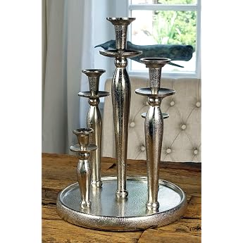 Candle Holder 5 Arms Aluminium Silver Raw Candle Holder Large on Tray Decorative Decoration Modern Living Room XL 31 x 31 x 44 cm