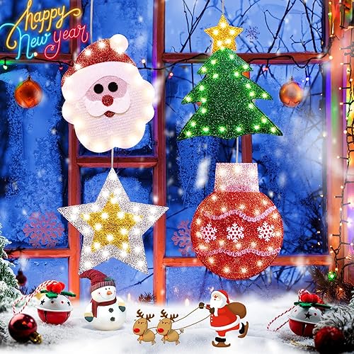 Luces de decoración de ventana de Navidad, silueta de ventana de Navidad, letrero iluminado, luces de ventana a pilas con gancho de ventosa para