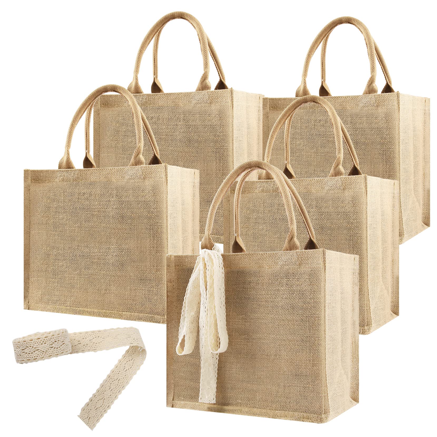 HEVMEVENI 5 Pack Burlap Tote Bags Bulk, Reusable Jute Tote Bag with 7Yd Ribbon Blank Burlap Gift Bag with Handle Waterproof Beach Tote Bag for