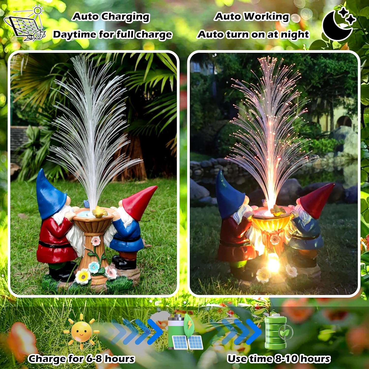 Gnome Statue Solar Garden Decor with LED Lights, Resin Gnomes Figurine and Colour Changing Optical Fiber Solar Light,Outdoor Decorations for Balcony, Patio, Yard, Lawn, Gifts for Women