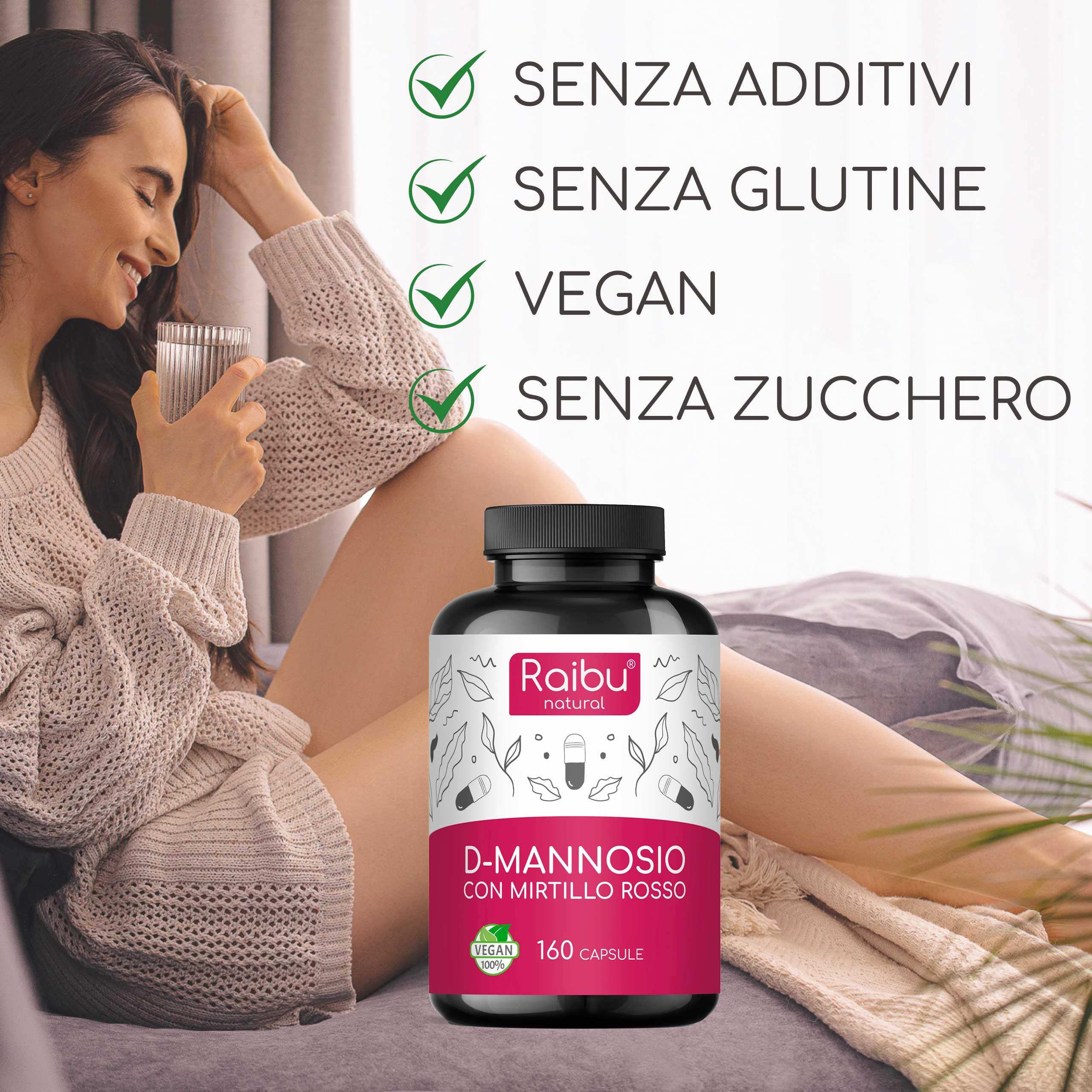 D-Mannosio PURO 2100mg, con Mirtillo Rosso I D Mannosio per Cistite I 160 Capsule I Vegan e Senza Additivi, Testato in laboratori I Integratore per Benessere e Supporto Vie Urinarie I Raibu