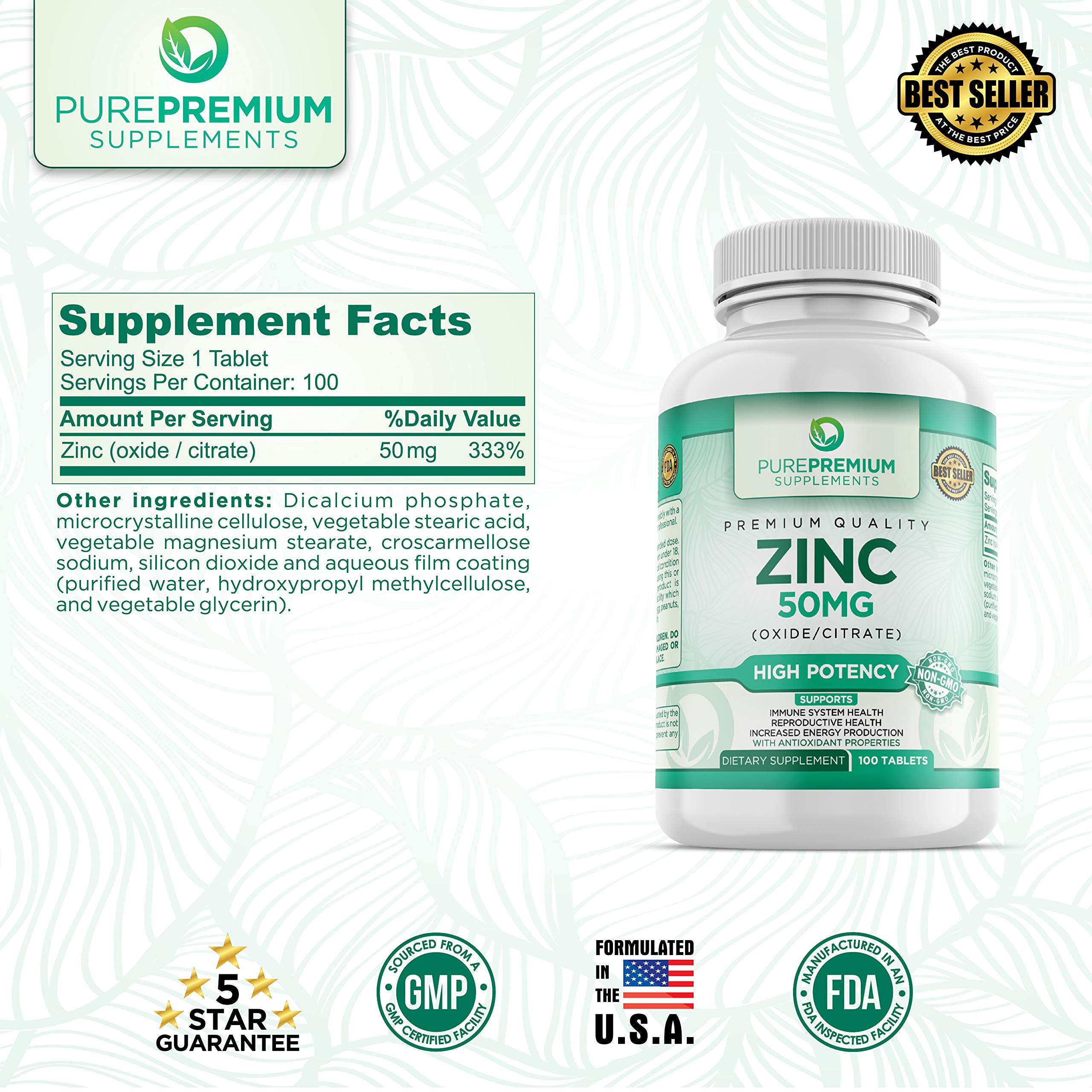 Buy PurePremium Zinc Supplement, Antioxidant, Zinc Oxide/Citrate, Non