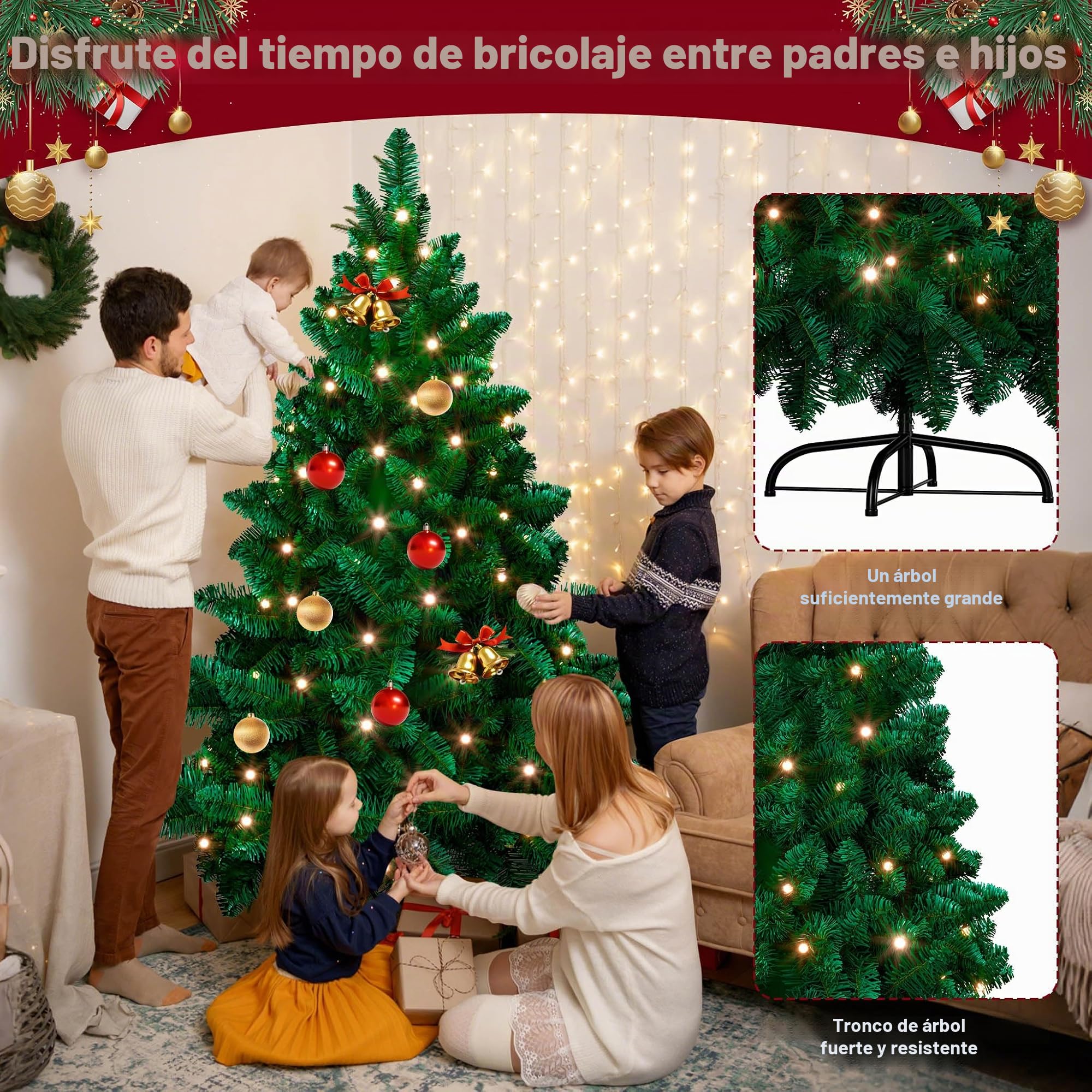 Aufun Árbol de Navidad Artificial con iluminación, 250 LED, luz Blanca cálida, Incluye Soporte de Metal, 570 Puntas, árbol de Navidad de PVC (180 cm, PVC Verde + LED)