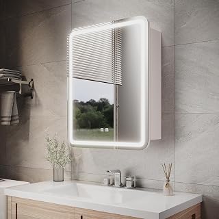 Bathroom Mirror Cabinet Wall Mounted, Fully Assembled Storage Cabinets, LED Bathroom Mirror Cabinets with Lights, 3 Colors Dimmable, Demister and Shaver Socket, 550x700mm