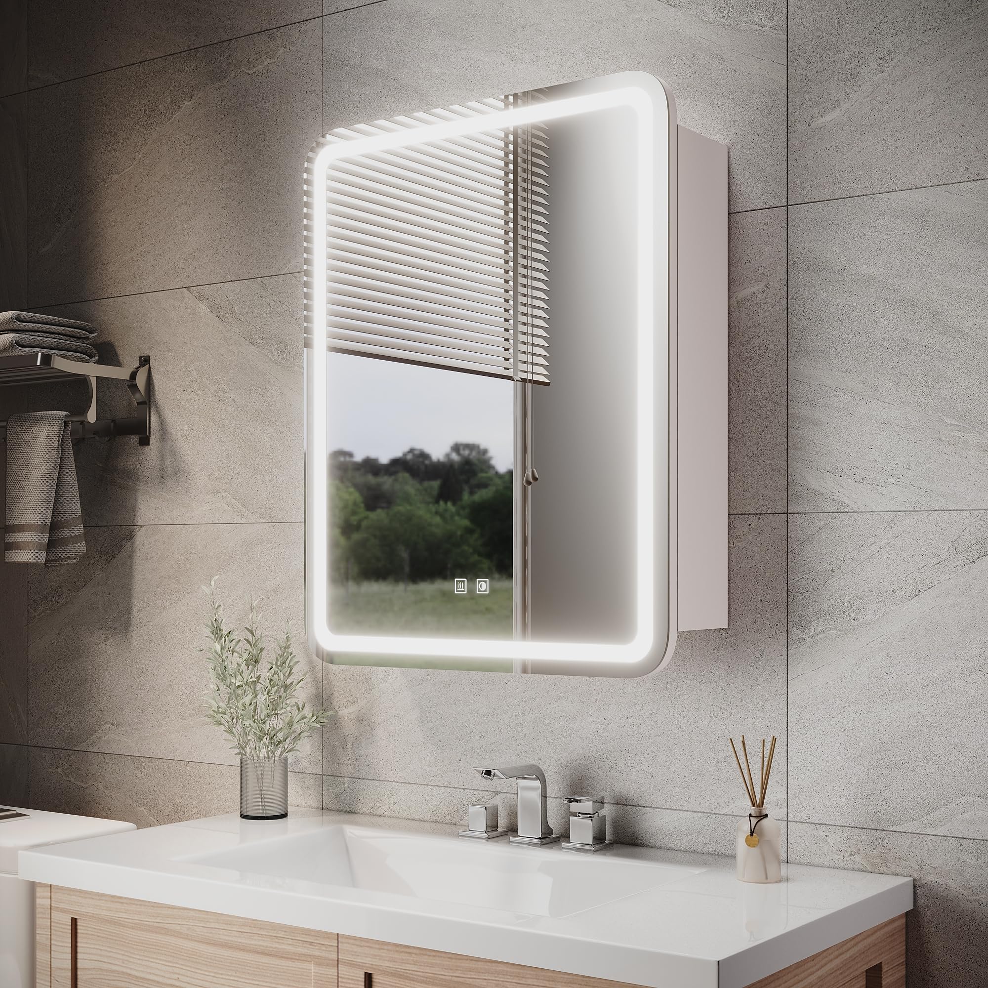 ELEGANT Bathroom Mirror Cabinet Wall Mounted, Fully Assembled Storage Cabinets, LED Bathroom Mirror Cabinets with Lights, 3 Colors Dimmable, Demister and Shaver Socket, 550x700mm