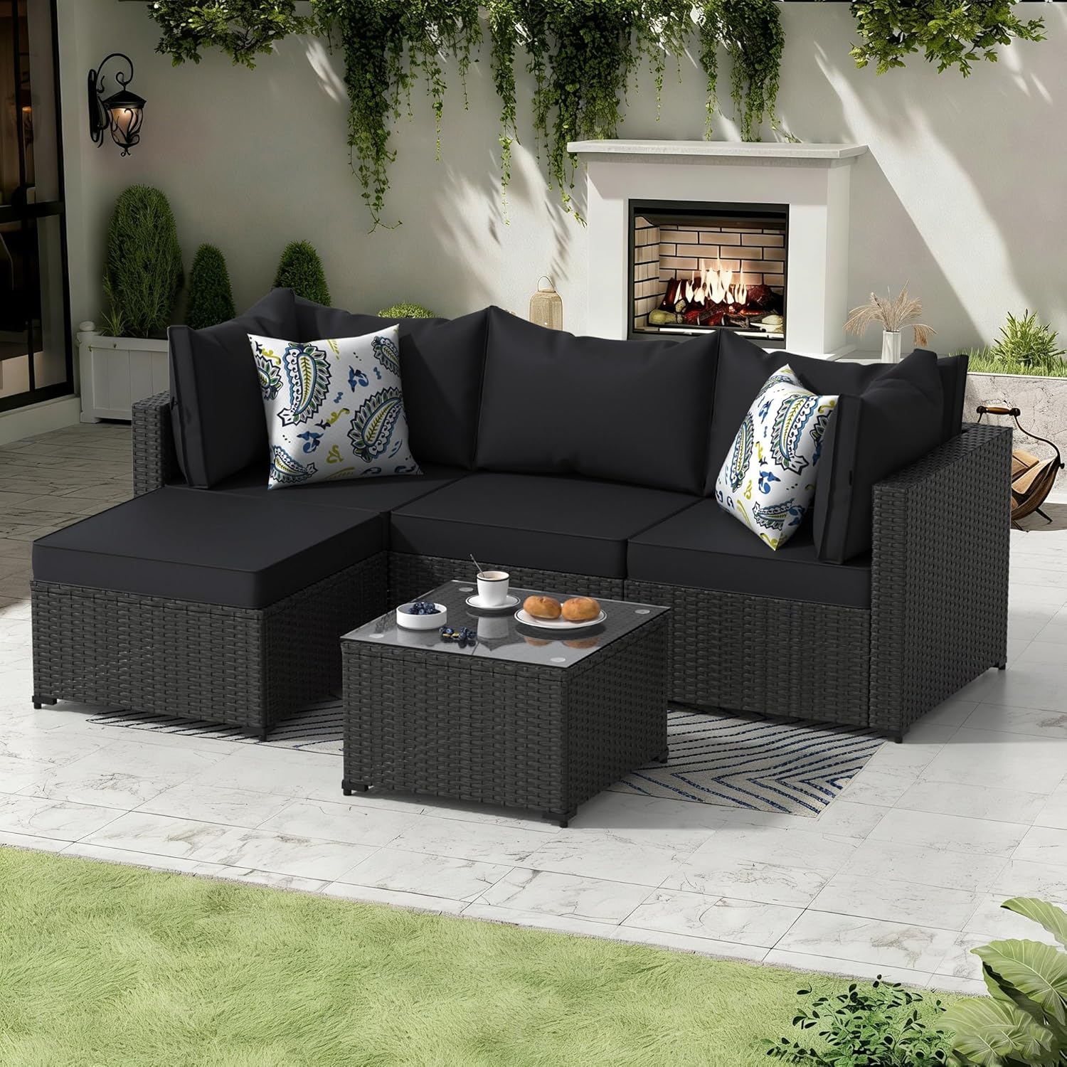 Patio Furniture Set, 5PCS Patio Sectional with Ottoman Wicker Rattan Outdoor Furniture with Thickened Cushion Modular Wicker Patio Conversation Set with Glass Top Table for Balcony, Backyard(Black)