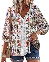 Gaharu Women's Boho 3/4 Sleeve V-Neck Floral Print Loose Tunic Blouse - Casual Beach Vacation Top
