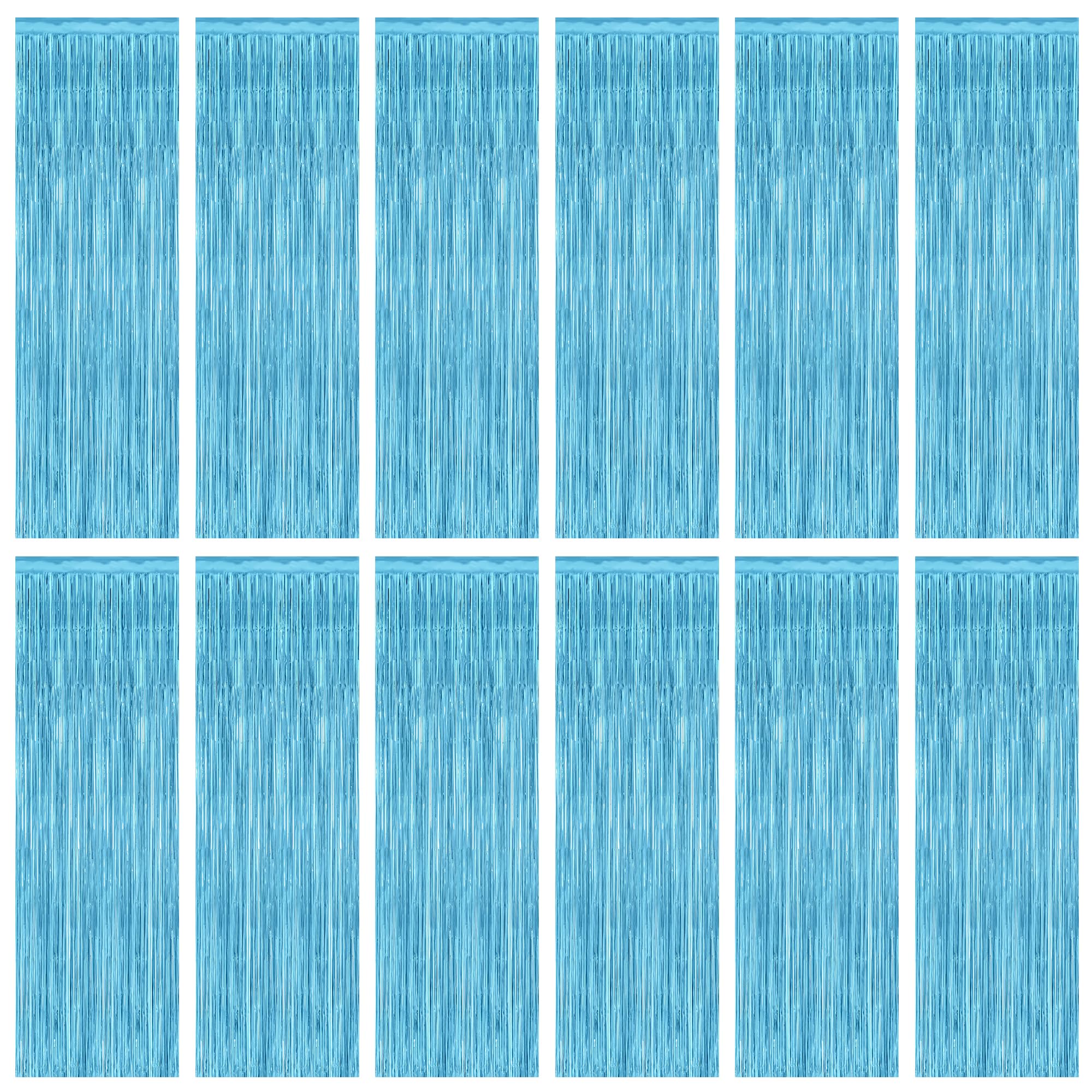 12 Pack Party Decorations, 3.28 FT x 7.05 FT Sky Blue Curtains, Metallic Party Streamers Photo Booth Backdrop Foil Fringe Curtains, Light Blue Winter Wonderland Backdrop Birthday Decor