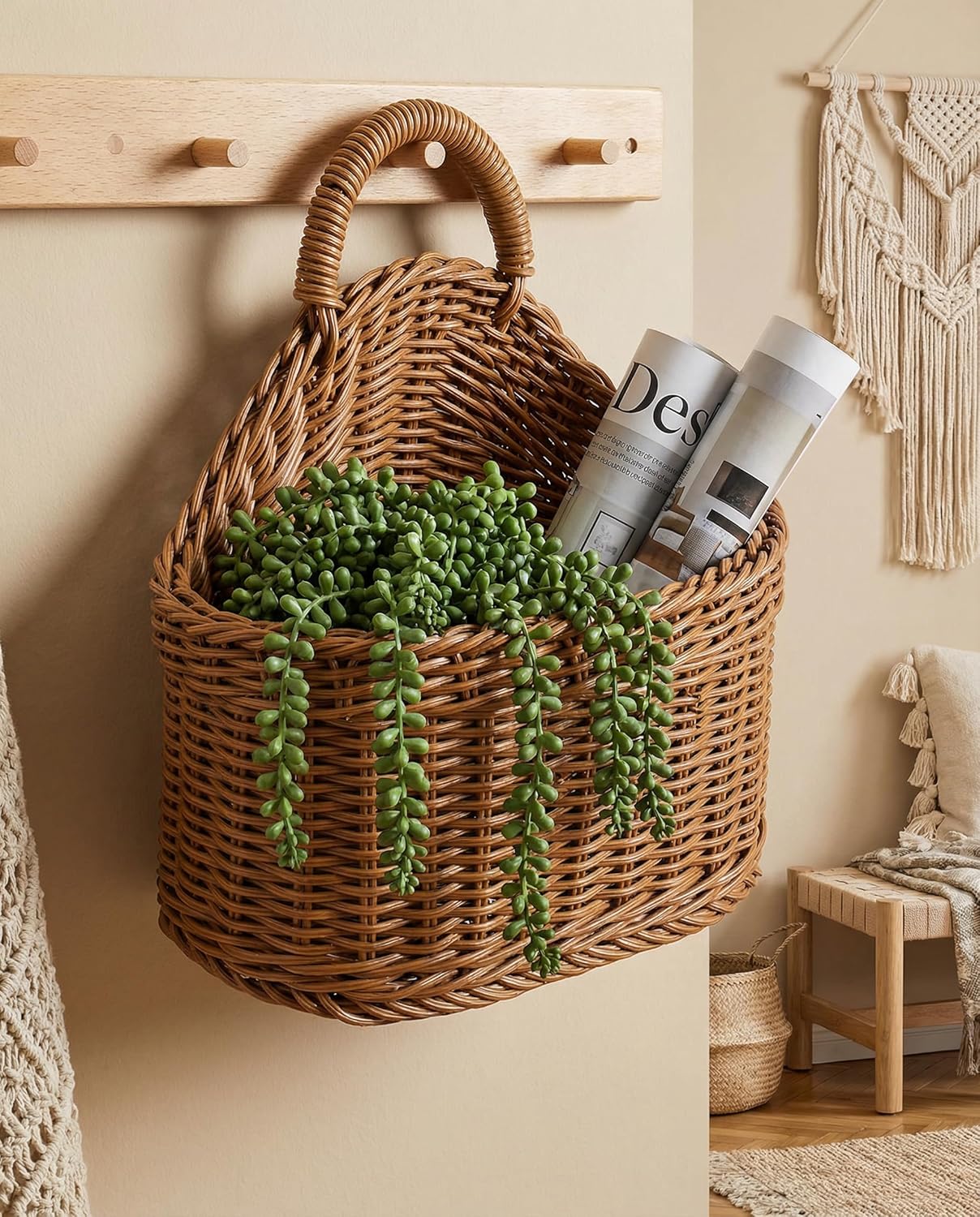 Hanging Storage Baskets - 2 Pcs Wall Decorative Storage Baskets Woven Hanging Basket with Handle,Wall Basket Bin for Kitchen Storage and Home Decor