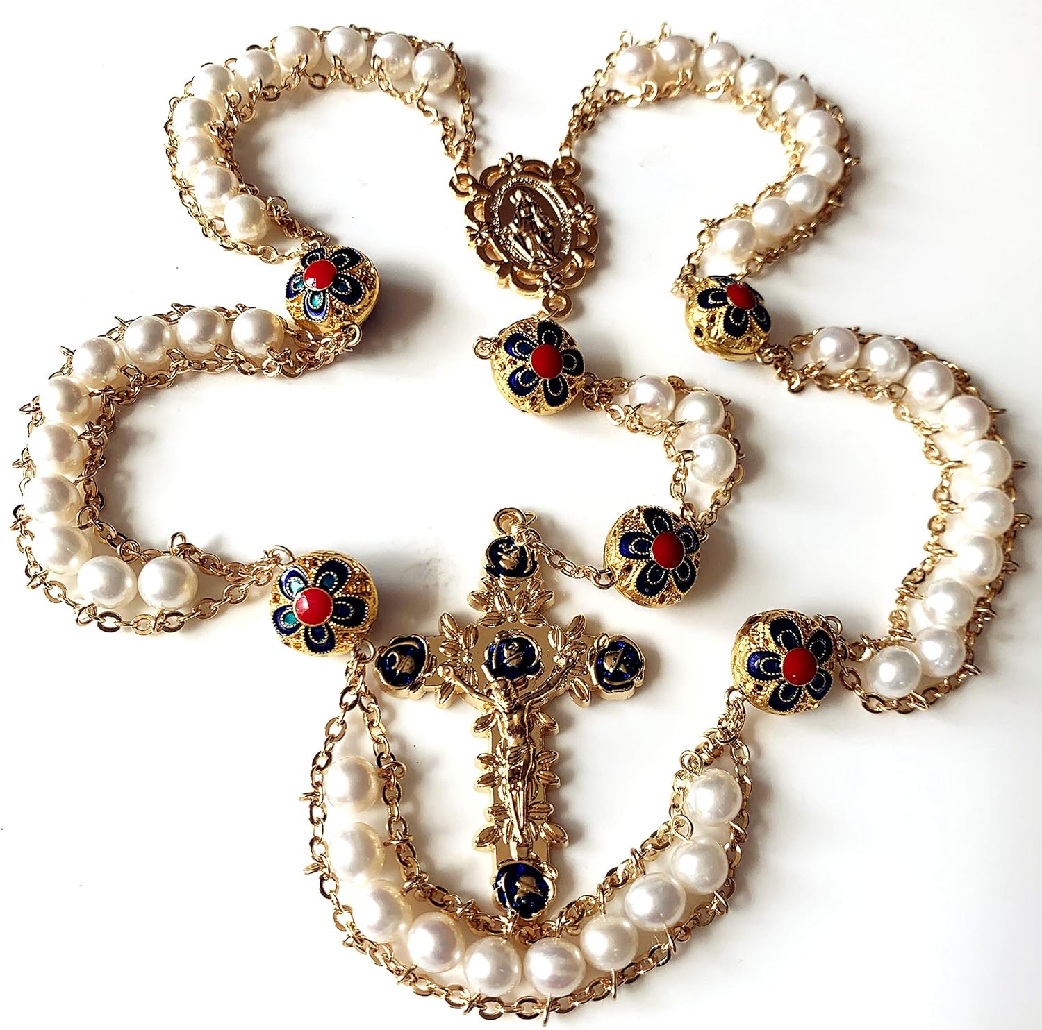 elegantmedical handmade Ladder to Heaven pearl & Enamel Beads Catholic Rosary crucifix Necklace box GOLD - Image 8