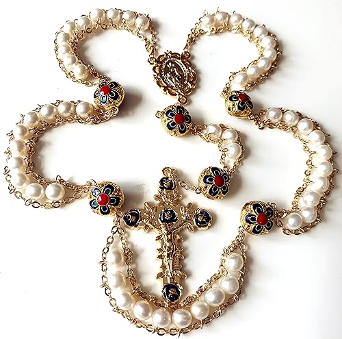 Miniatura 8 de elegantmedical Hecho a mano 18K chapado en oro de la escalera al cielo perla y esmalte perlas católica rosario crucifijo collar caja, Cobre