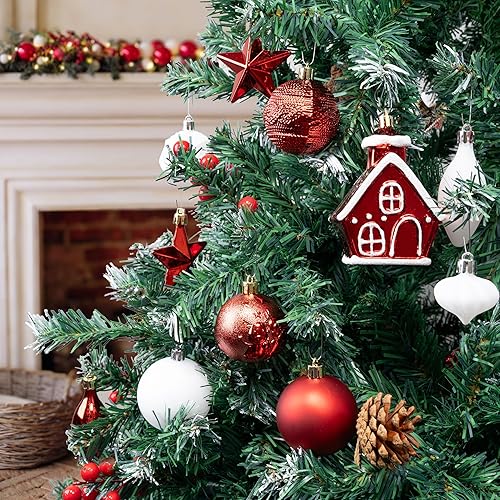 Miniatura 4 de Juego de 73 adornos de bolas de Navidad, adornos de árbol de Navidad rojos y blancos, decoración de plástico inastillable para colgar en el árbol de