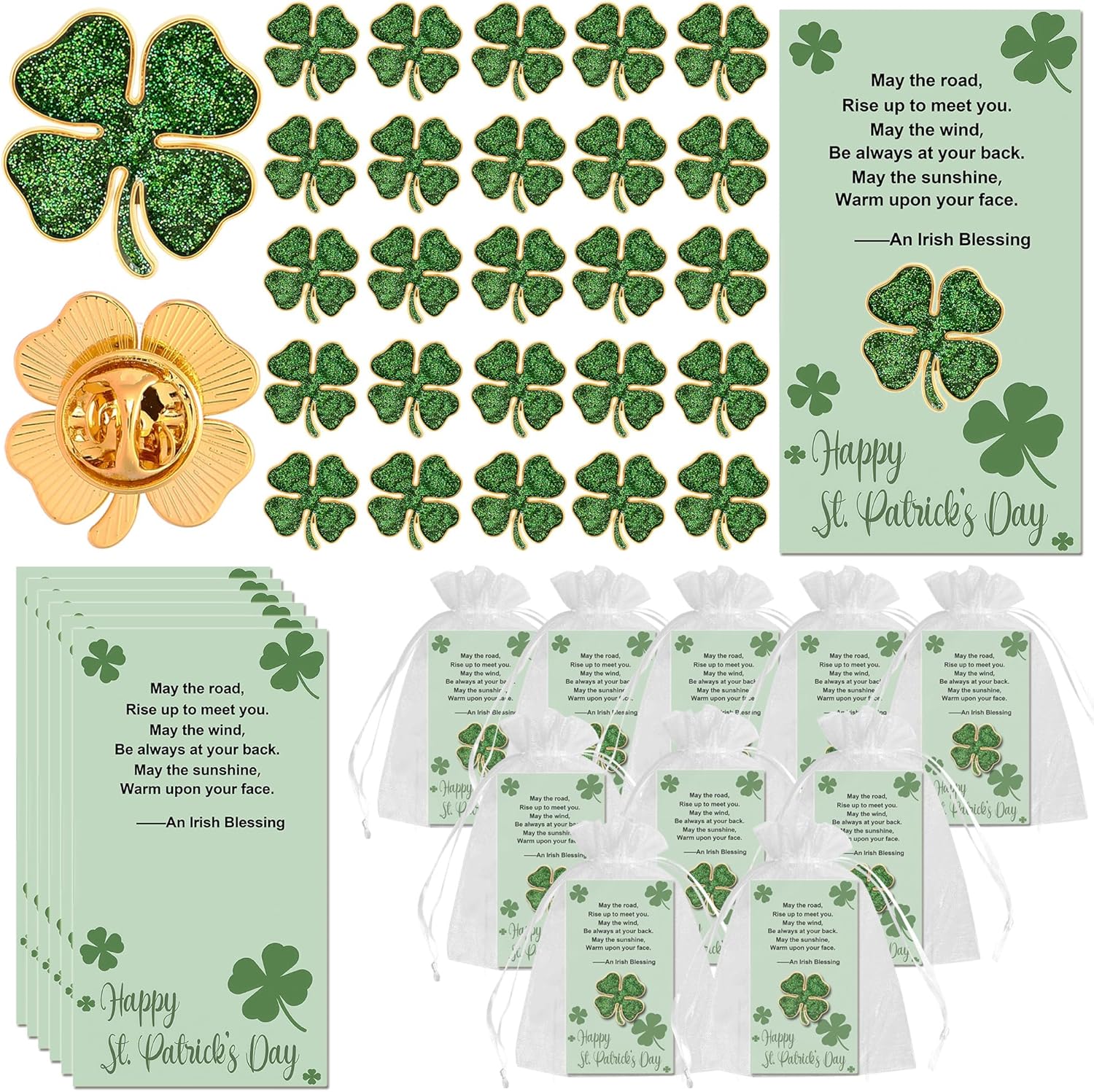 25/50/100 Sets St. Patricks Day Lapel Pins Bulk Four Leaf Clover Pins Irish Shamrock Pin Brooches With Blessing Cards for St. Patrick’s Day Gift Party Favors Jewelry Accessories