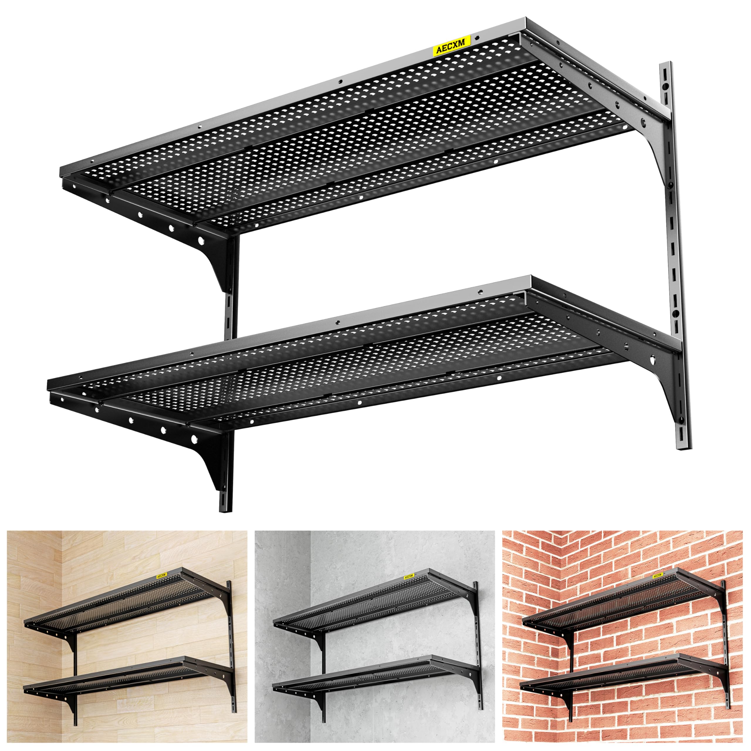 Aecxm 1pack×2 Tier 1.3x3ft Garage Shelving Wall Mounted, 400 lbs Load Capacity,15.6x36inch per Shelf Height Cassette Adjustable Floating Shelves, Black