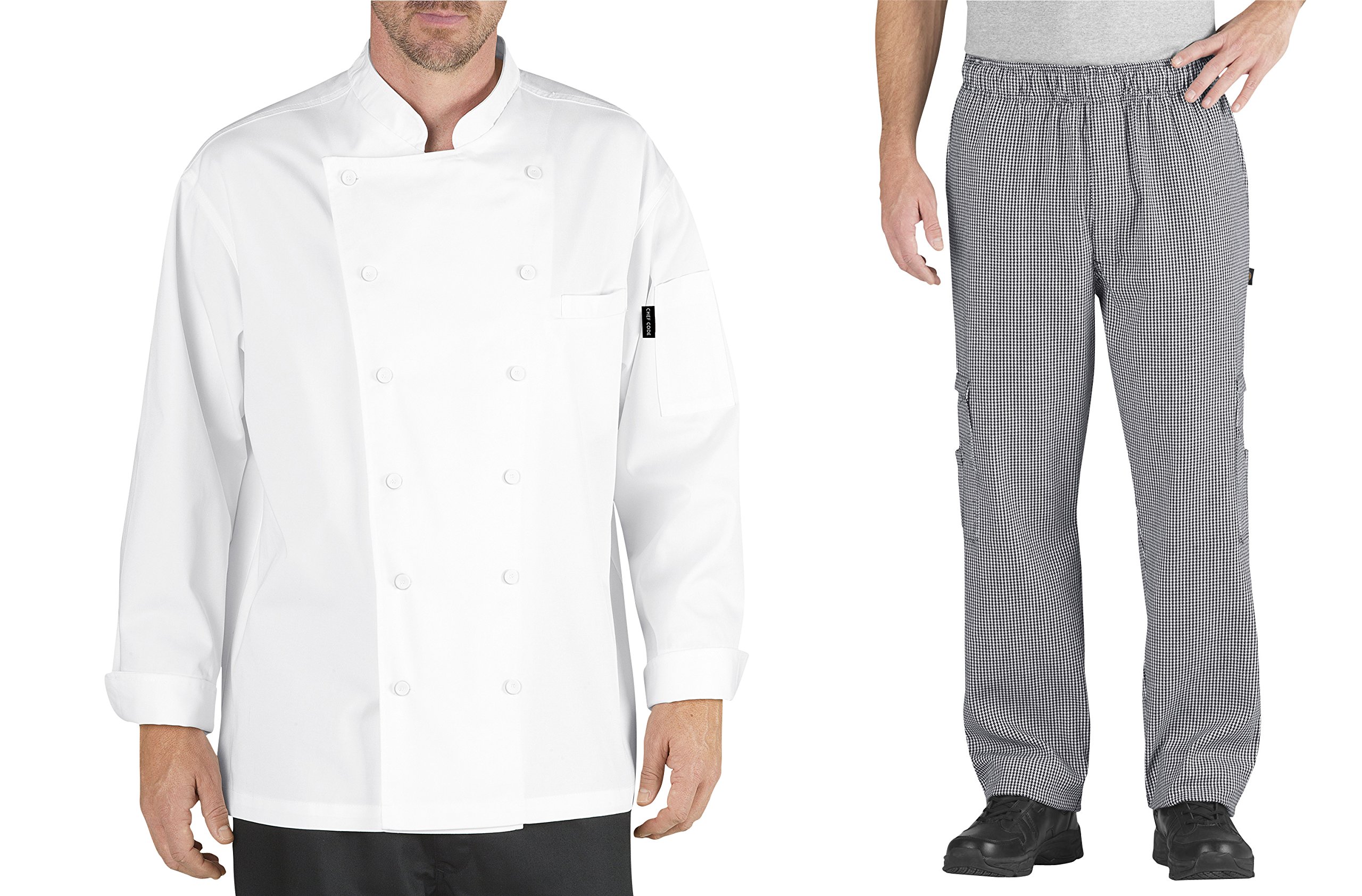 Chef Code Executive Chef Uniform Set Chef Coat and Pants CC101-202 (3XL, White Coat & Houndsthooth)