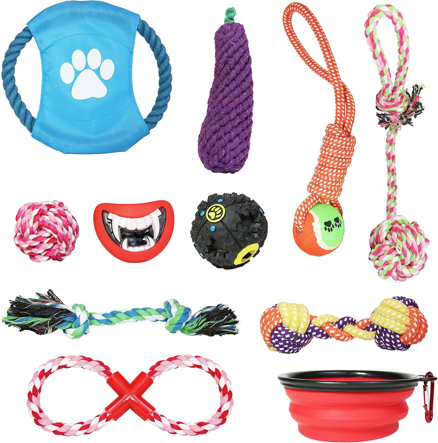 10 Pack Dog Toy Set. Most Durable Chew Rope Toys + FREE Bonus Collapsible Water Bowl. Eggplant Cotton Rope Toy, Dog Smile Toy, Dog Treat…