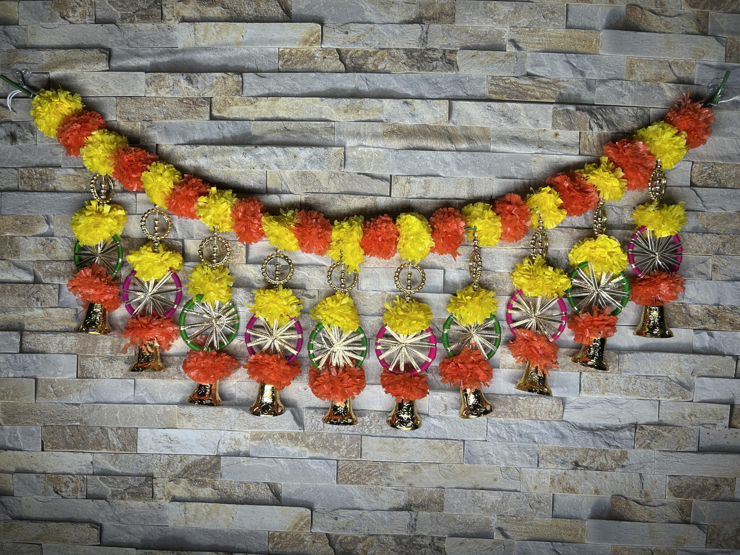 EXEMARTZ Traditional Door Hanging Toran, Artificial Marigold Garland with Golden Bells, Orange and Yellow (40 inches Length, Multicolor) 2