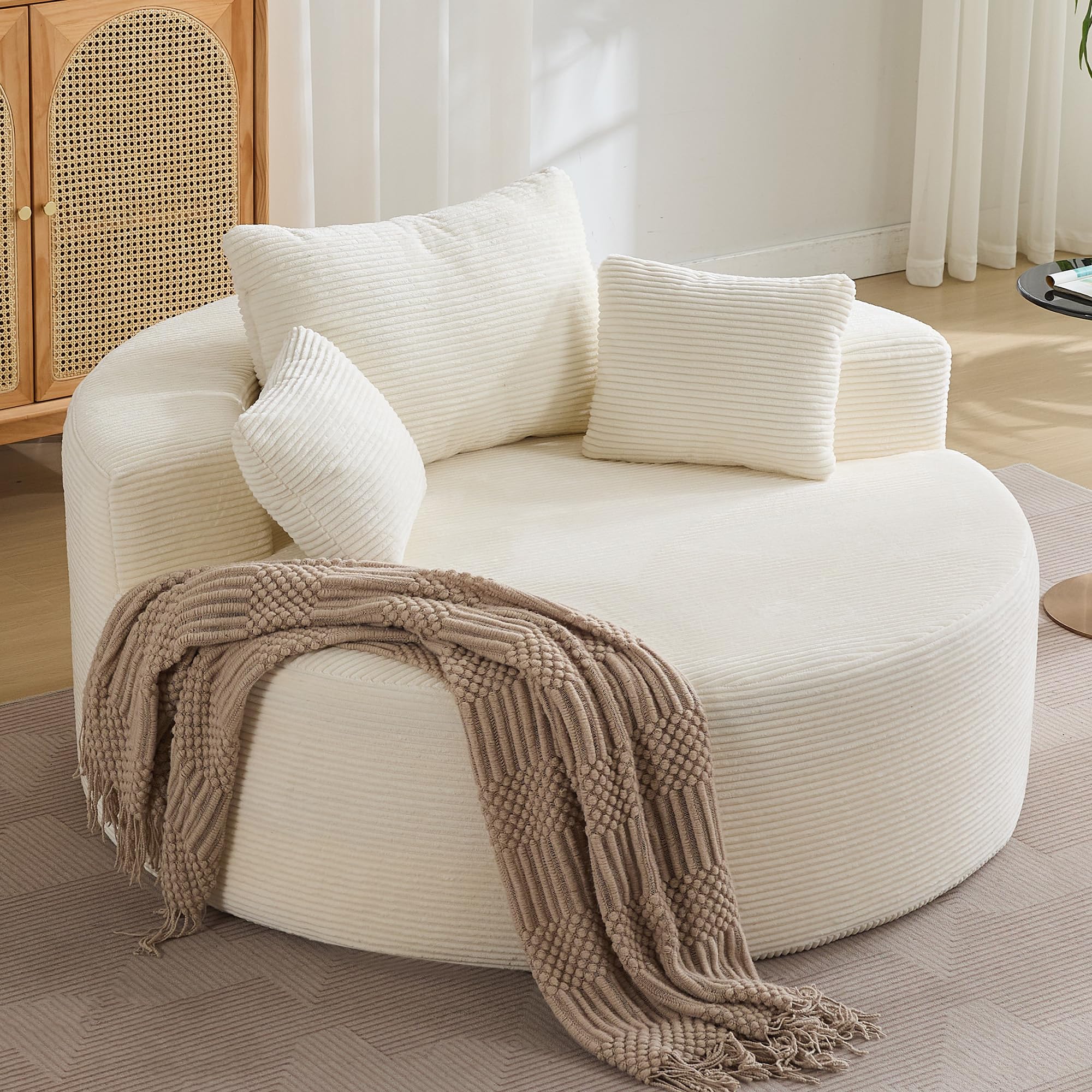 55''Oversized Round Boneless Chaise Lounge Chair,Corduroy Modern Floor Sofa Deep Seat, Compressed Circle Comfy Barrel Chair, No Assembly Sleeper Cloud Sofa Couch Bed for Living Room, Bedroom,Beige