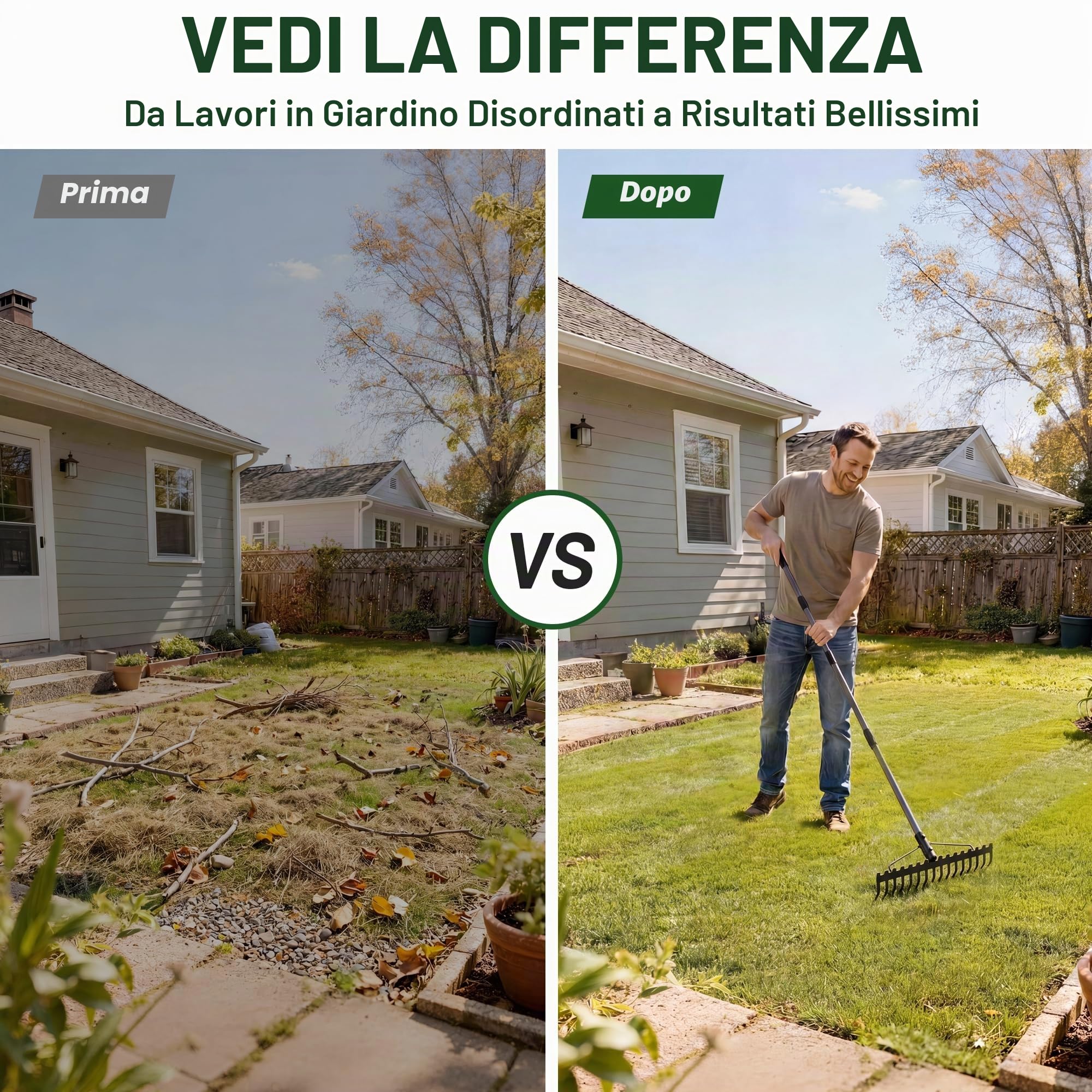 Walensee Rastrello da giardino resistente da 165 cm, con manico in acciaio inossidabile, rastrello in metallo a doppia testa a 17 denti per allentare il terreno, livellare il prato, raccogliere foglie