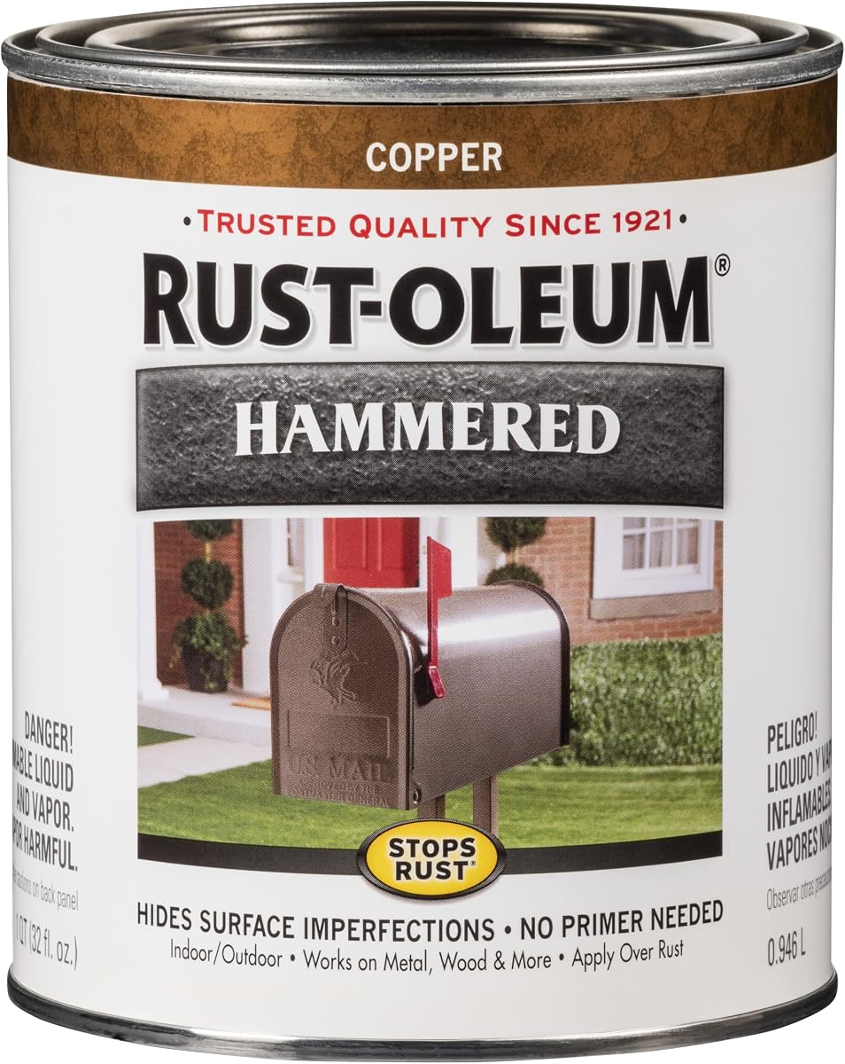 Rust-Oleum detiene el óxido con pintura esmaltada protectora, cobre martillado | Resistente al óxido y a la corrosión, durabilidad en interiores y exteriores, hermoso acabado en metal, madera y más, cuarto de galón