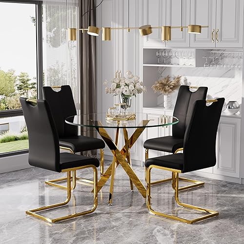 Miniatura 10 de Juego de mesa de comedor redonda moderna de vidrio de 36 pulgadas para 4, mesa de comedor de vidrio con patas cruzadas de metal, mesa de cocina con