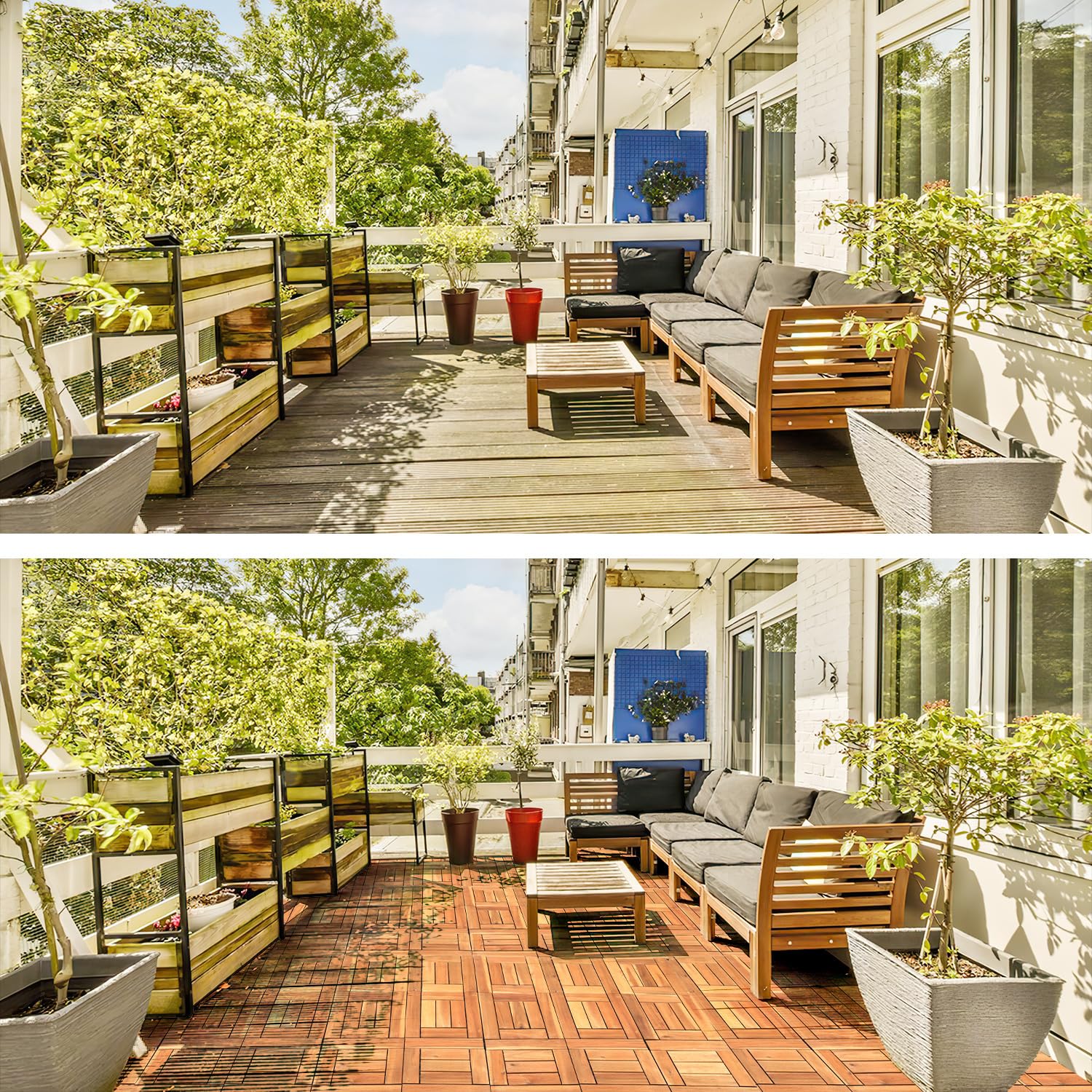 Piastrelle in legno per terrazze, piastrelle per balcone in legno di acacia 30x30 cm con sistema di clic, 7 doghe, 11 pezzi (1 m²), rivestimento per esterni resistente agli agenti atmosferici